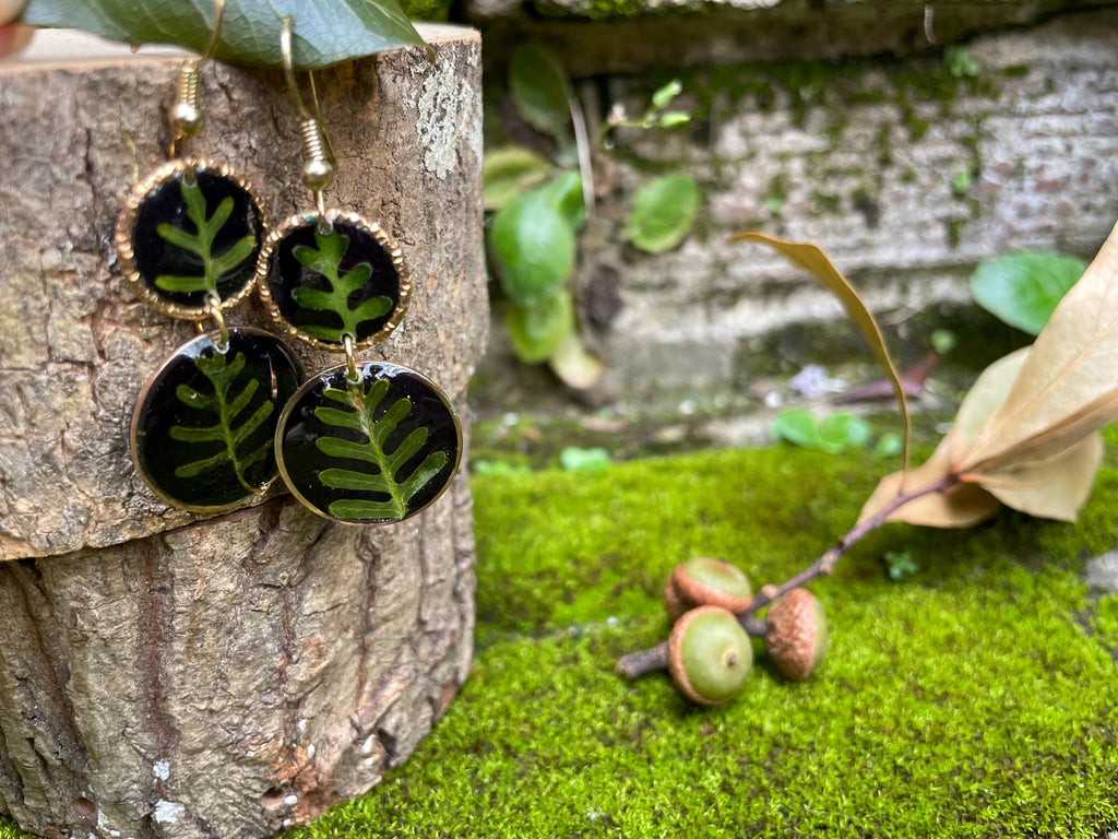14K Gold Fern Earrings: Real Leaf Dangle Earrings, Botanical Jewelry Black