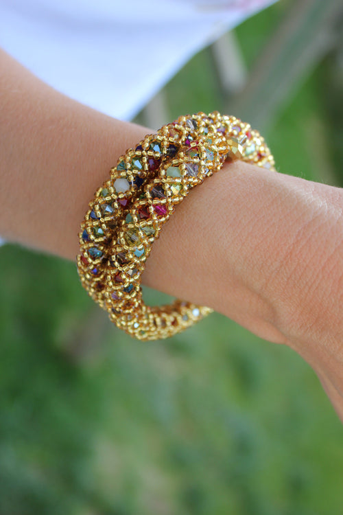 Bracelet. Mothers day gift for wife girlfriend. Gold beaded bracelet with rainbow crystals, handmade jewelry multicolored statement jewelry