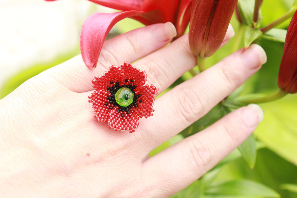 Valentine gift flower ring, red poppy jewelry, big floral rings quirky, nature jewelry for women, Birthday gifts for wife, present for mom