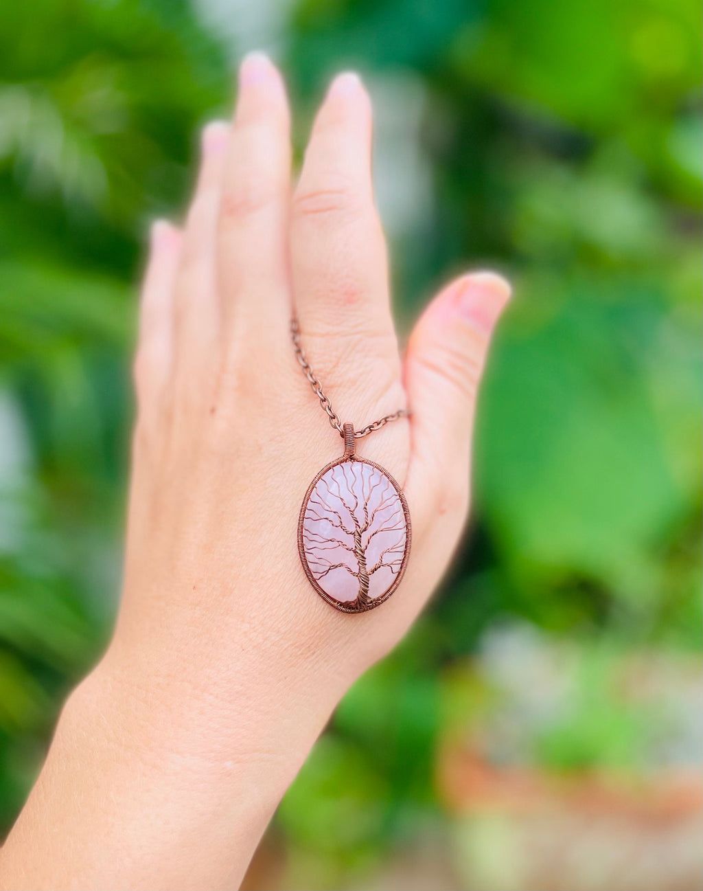 Personalized Rose Quartz Tree of Life Necklace: Copper Wire Wrapped Custom Birth Flower & Initial Pendant