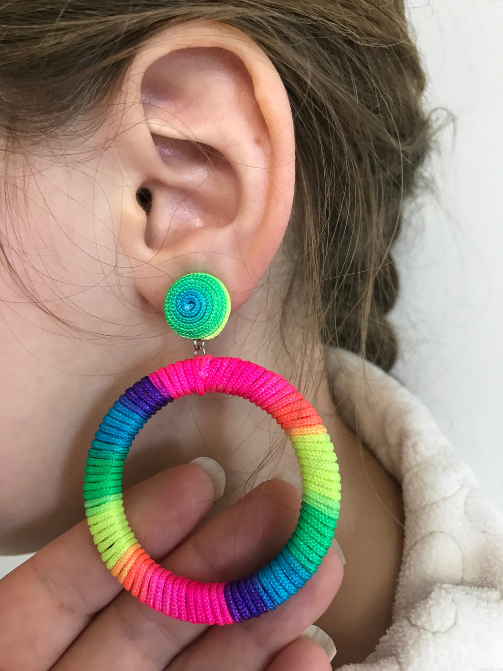 Rainbow colorful Oversize hoop earrings, big hoops clip on, statement laser cut wooden studs~trendy fashion jewelry, Christmas gifts for mom
