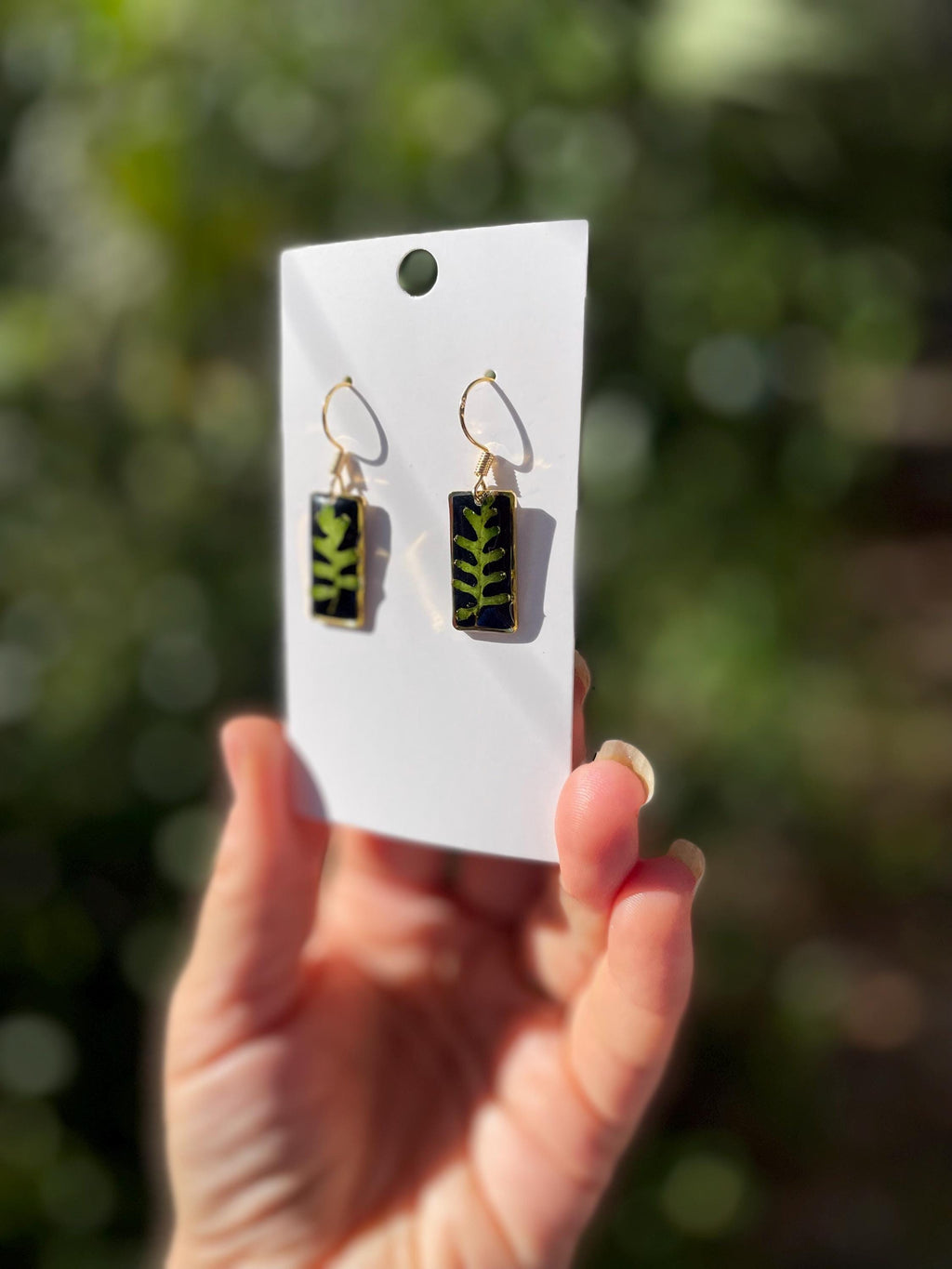 Black Rectangular Resin Fern Dangle Earrings: Gold Nature Inspired Plant Jewelry