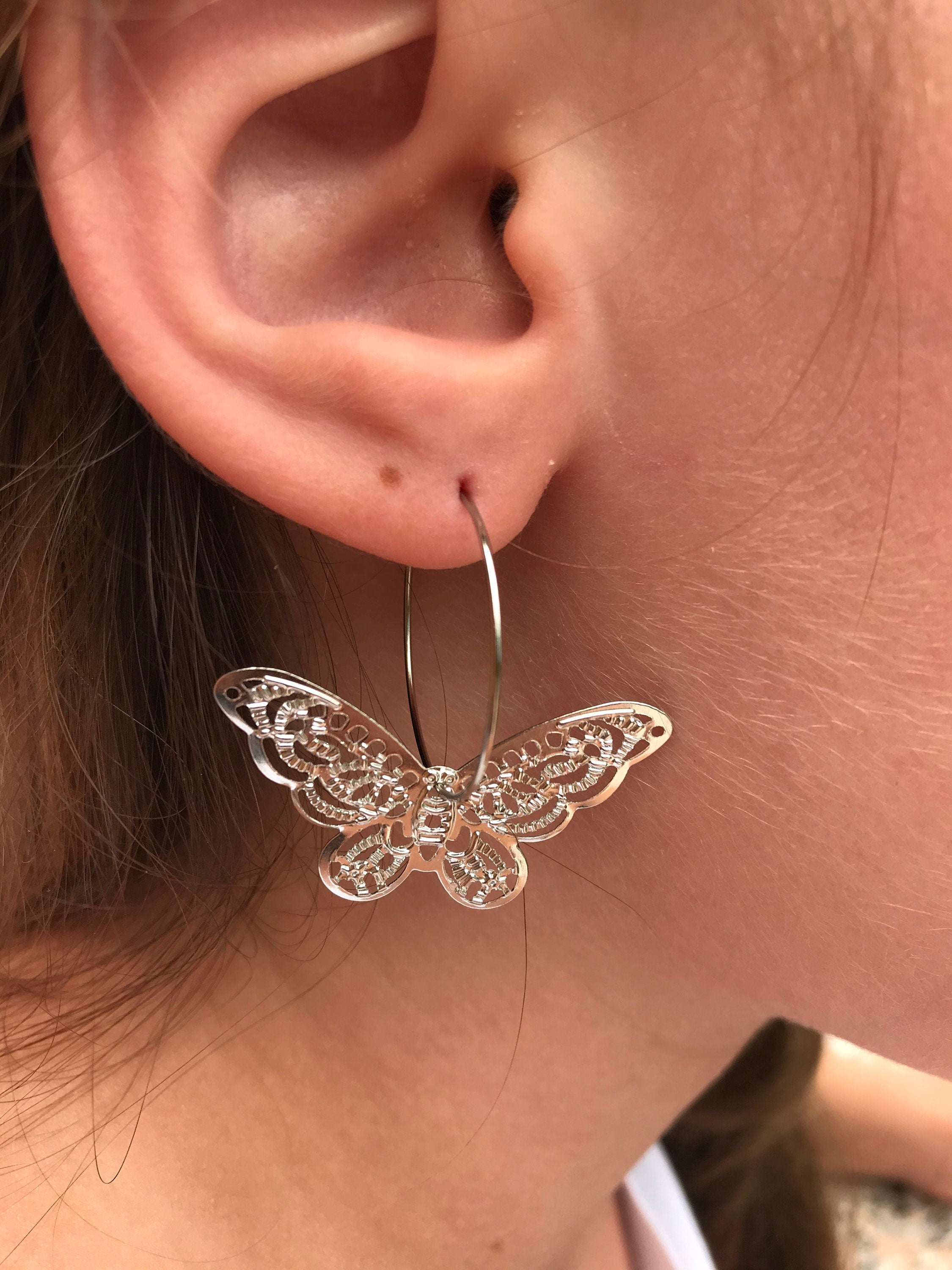 14k gold huggie earrings, filigree butterfly earrings, huggie hoop earrings silver, butterfly earrings dangle, silver butterfly earrings