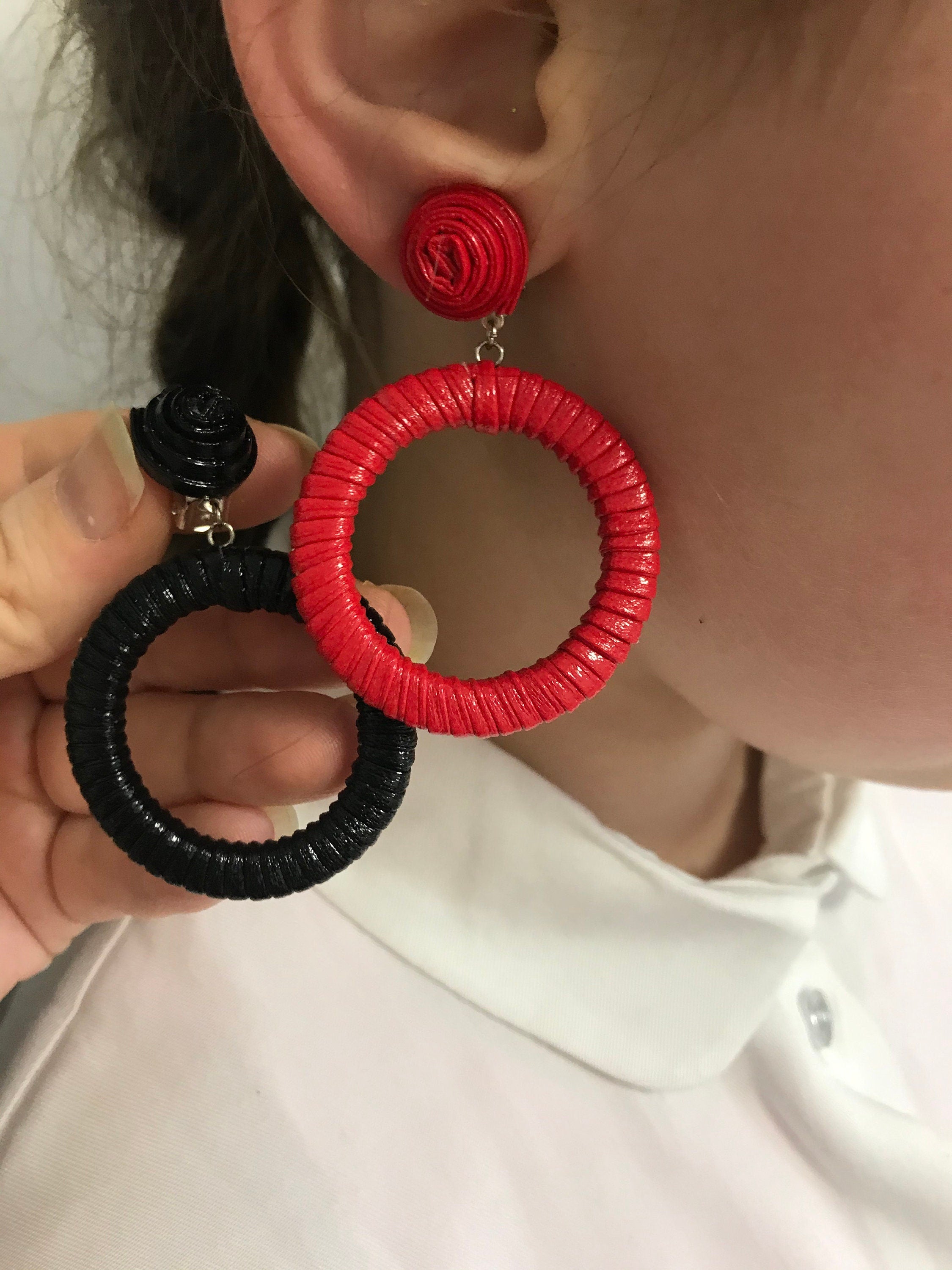 Black red faux leather bon bon earrings, layered leather earrings for women, long beaded earrings clips, three Ball Rebecca earrings dangle