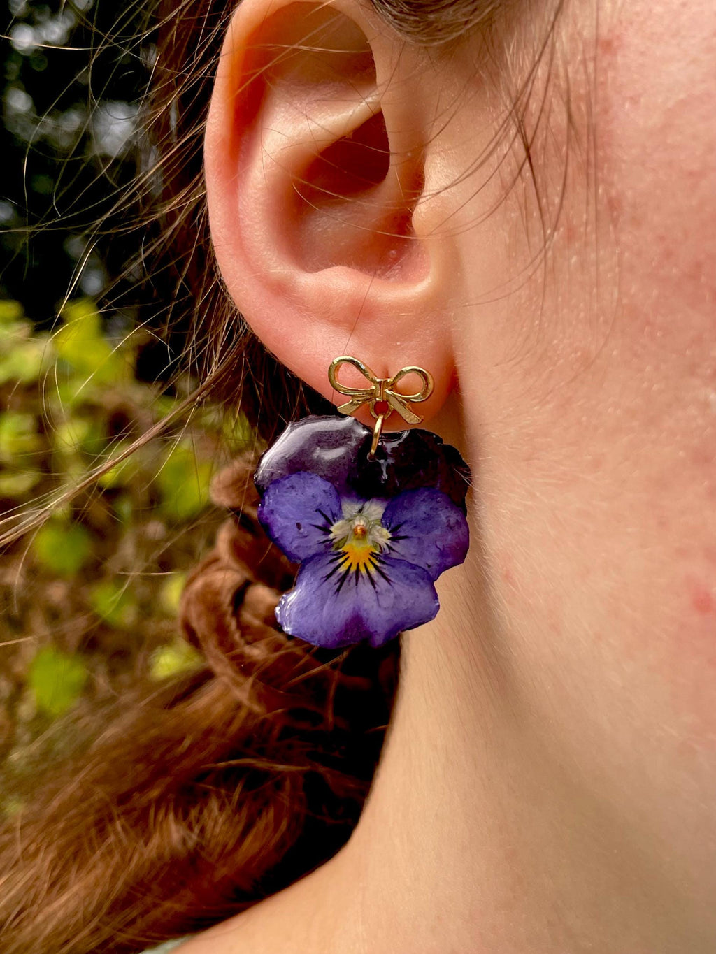 Purple Violet Flower Earrings with Gold Bow Posts | Unique Birth Month Gift for February