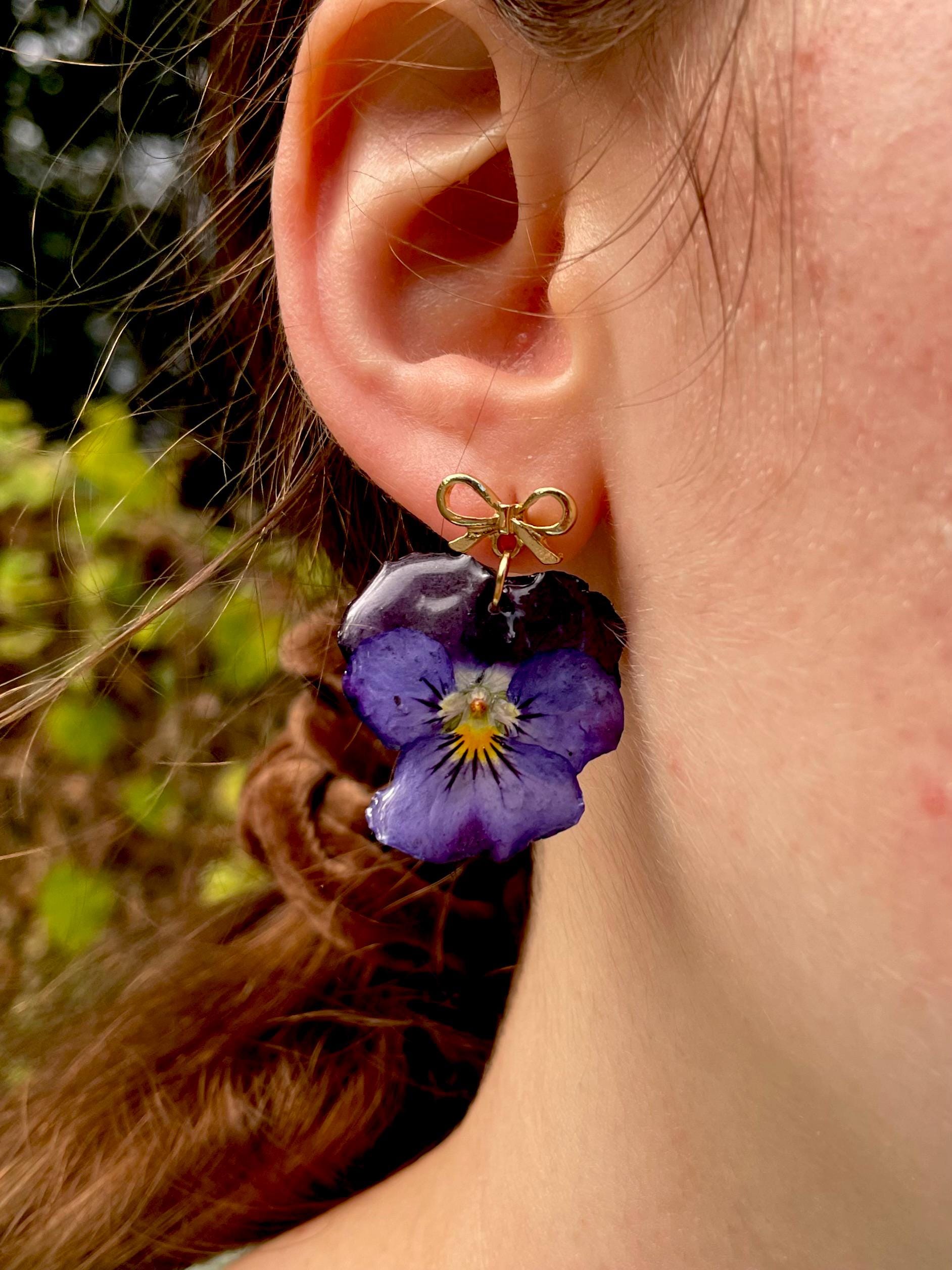 Purple Violet Flower Earrings with Gold Bow Posts | Unique Birth Month Gift for February