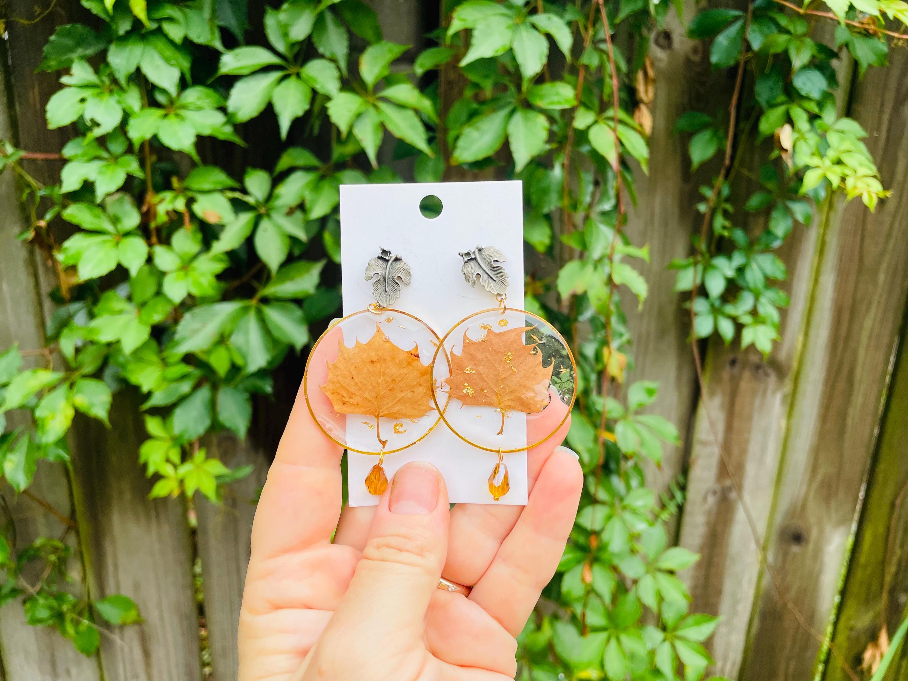 Autumn Leaf Resin Earrings: 14K Gold Filled or Sterling Silver, Handmade Chandeliers Citrine