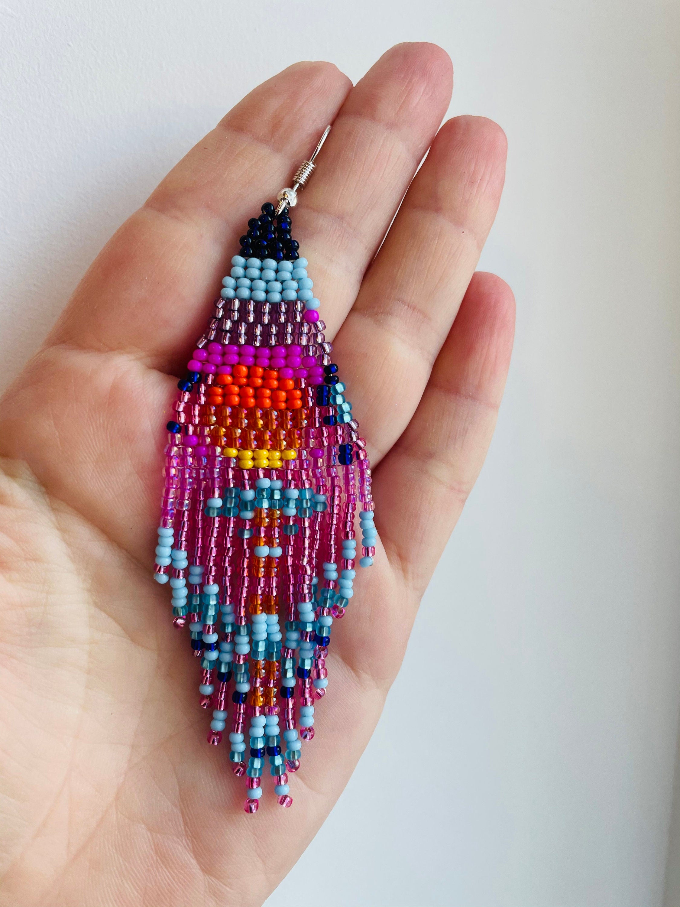 Pink Sunset long fringe Earrings dangle chandelier Seed bead earrings Artistic Beadwork earrings Seed bead Boho earring Sky Landscape Sea