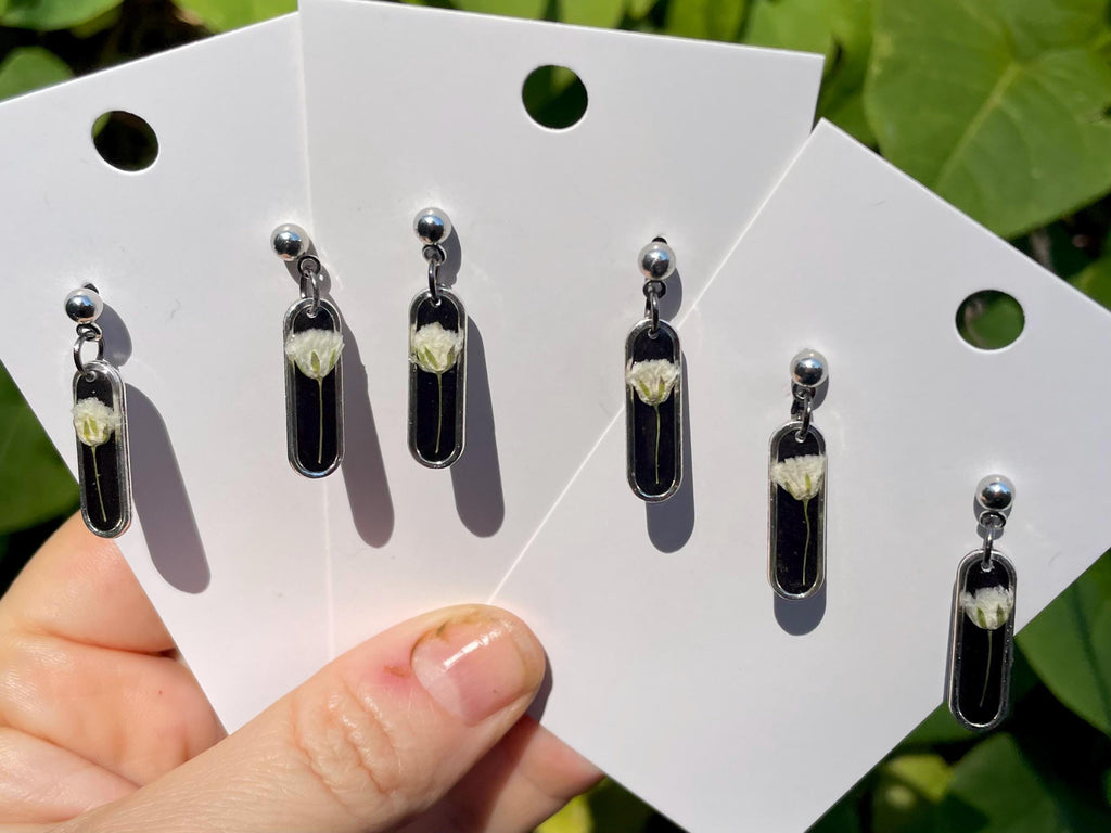Black Floral Earrings Post: Baby Breath Pressed Flower Jewelry Minimalist Resin