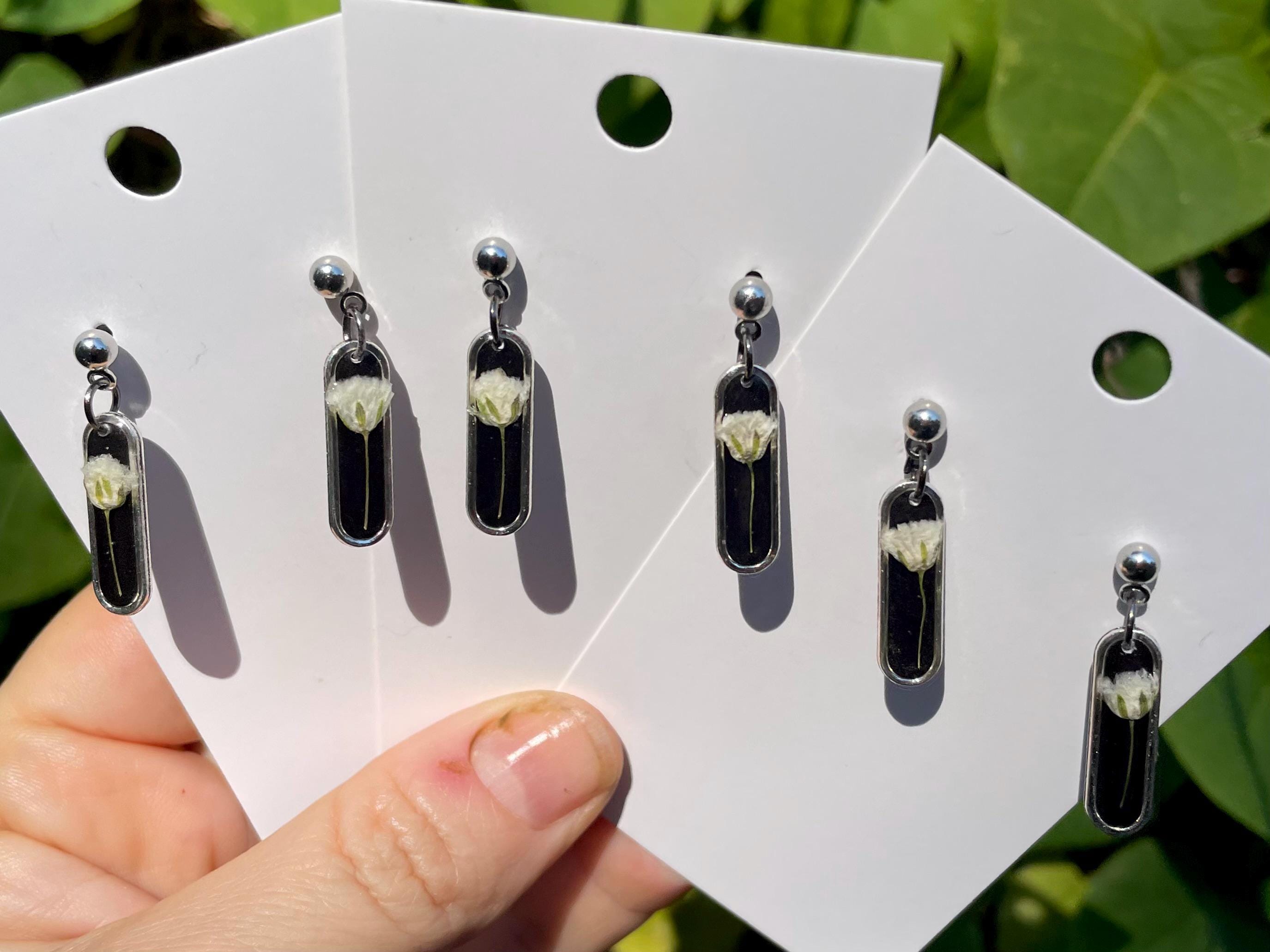 Black Floral Earrings Post: Baby Breath Pressed Flower Jewelry Minimalist Resin