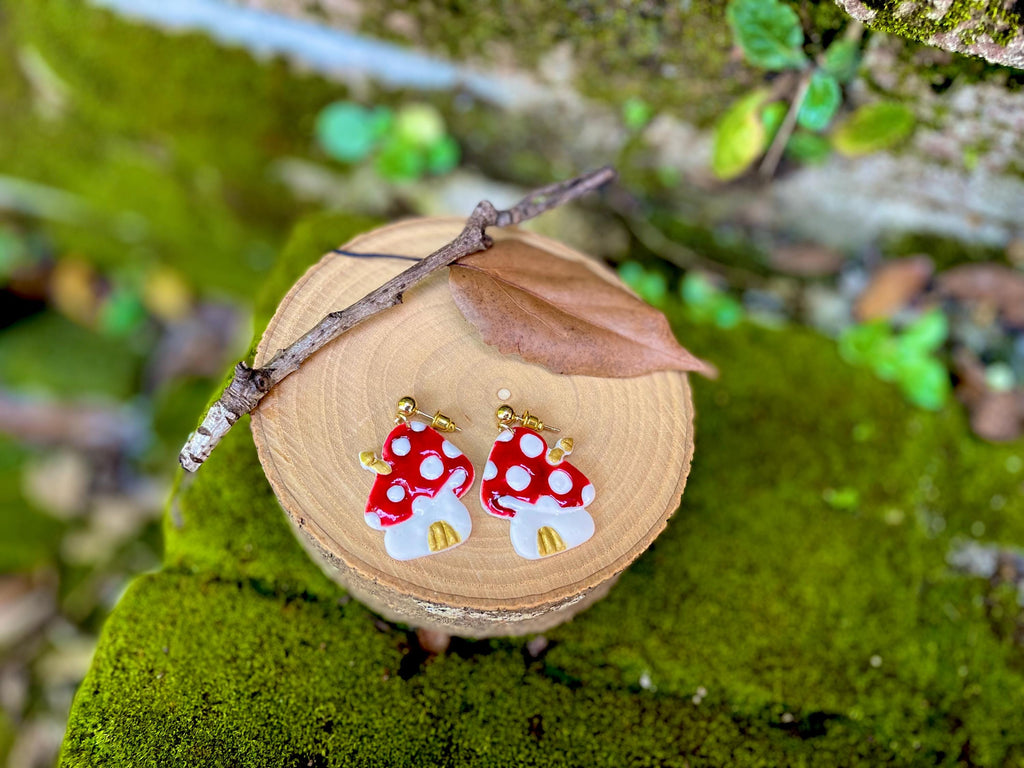 Handmade Mushroom House Earrings: Polymer Clay Whimsical Jewelry