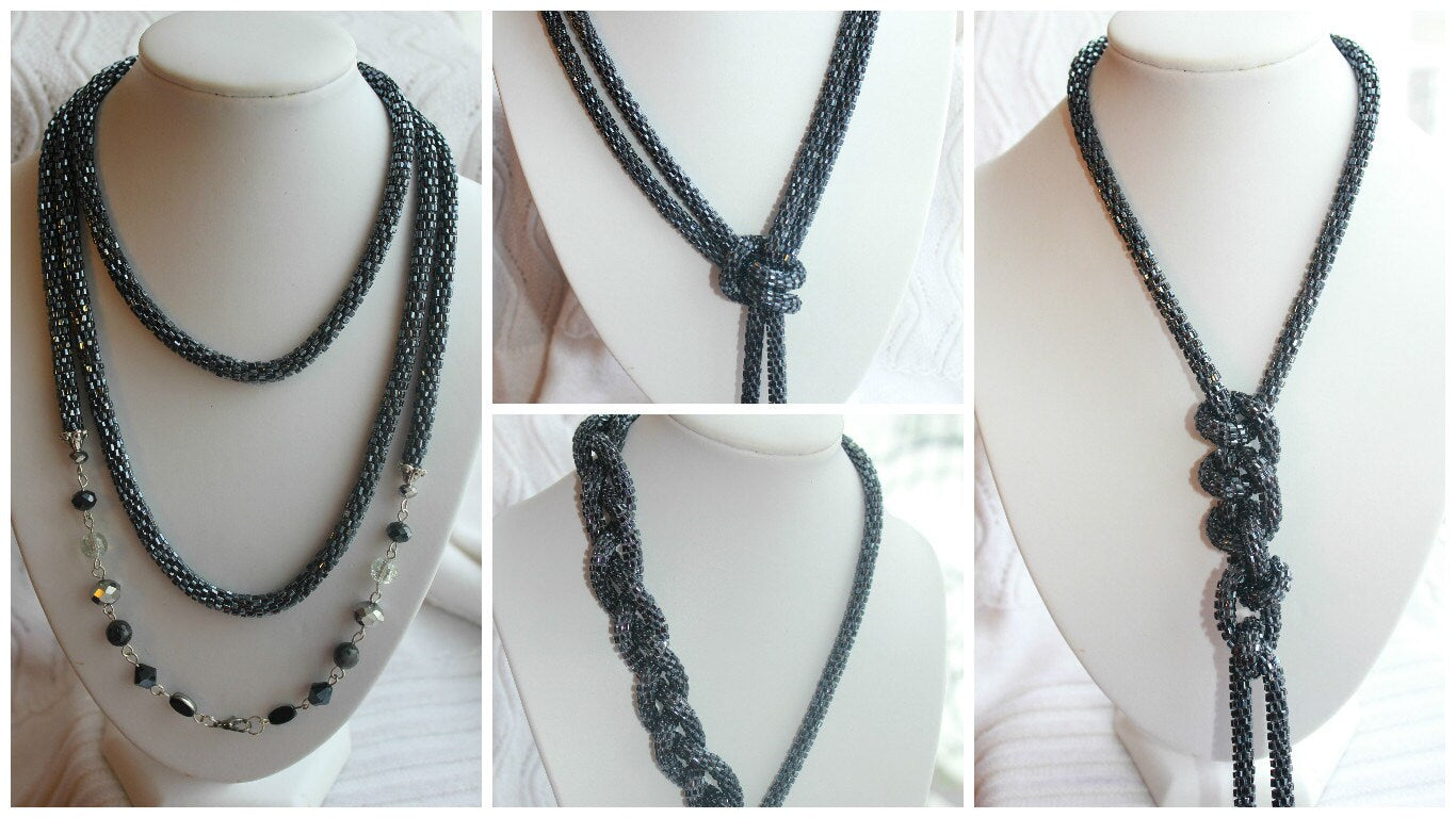 Hematite Bead necklace, Beaded Layered Lariat Necklace Choker Gift For Her, Crochet Lariat Rope, Bohemian jewelry for her, crystal lariat