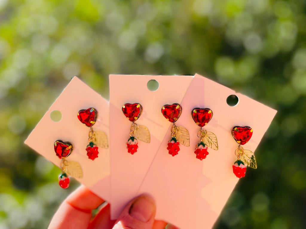 Strawberry Heart Dangle Earrings: Enamel Berry Handmade Jewelry