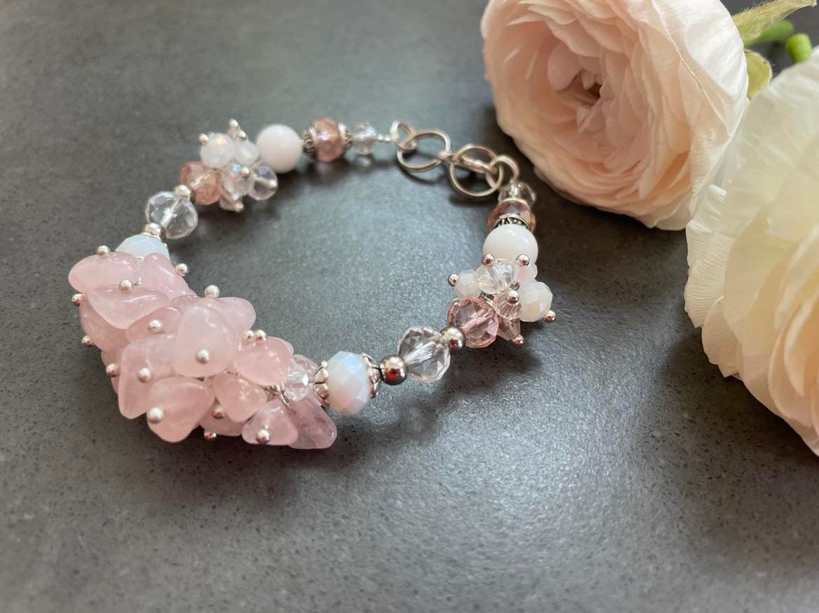 Raw Crystal Cluster Rose Quartz Bracelet Silver: Personalized Custom Birthstone Bridesmaid Jewelry Statement