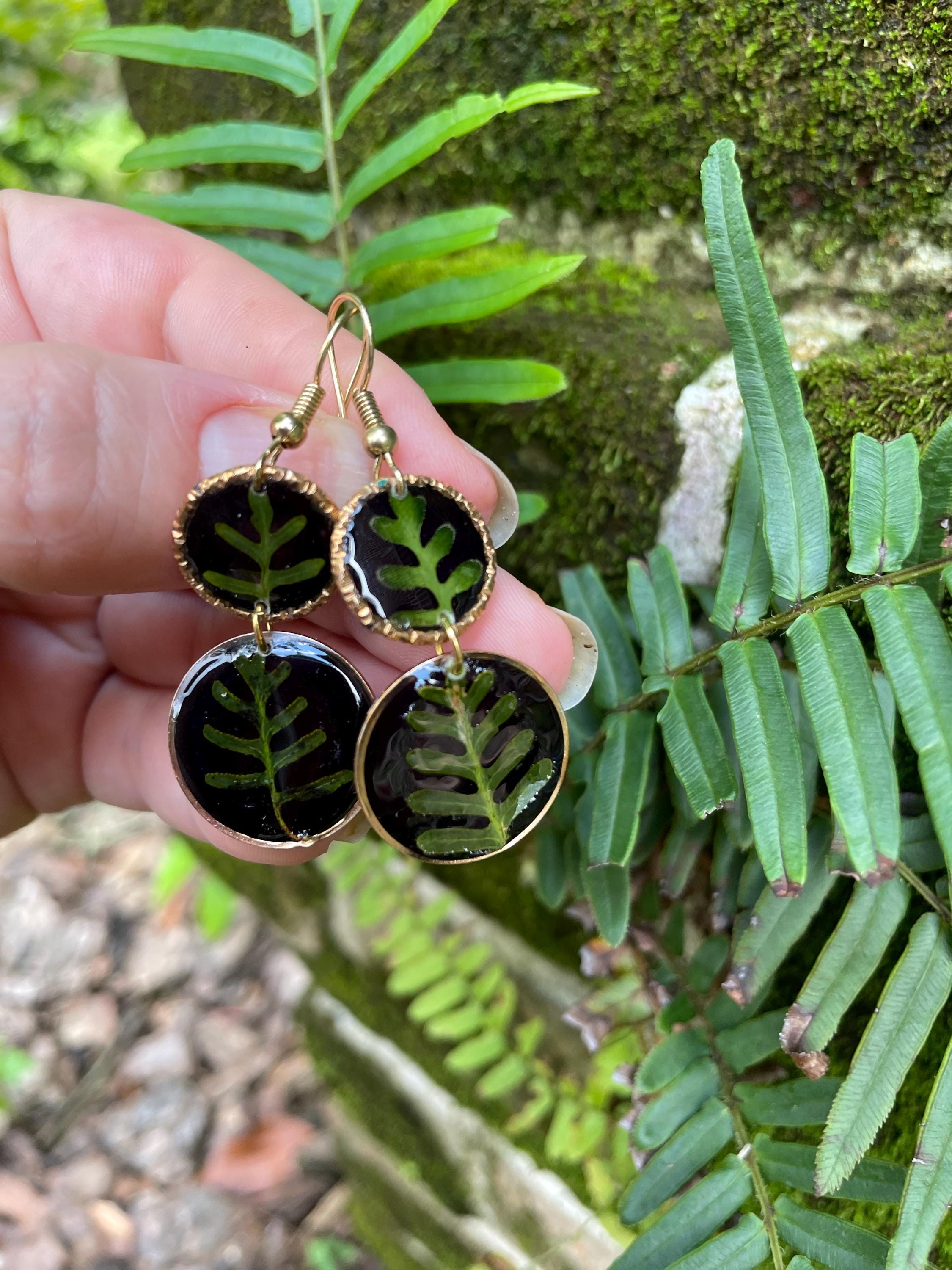 14K Gold Fern Earrings: Real Leaf Dangle Earrings, Botanical Jewelry Black