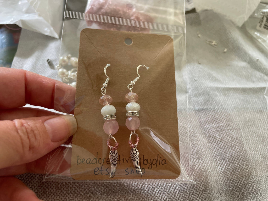 October Birthstone Rose Quartz Angel Wing Dangle Earrings: Pink Sterling Silver Bridal jewelry Libra gifts
