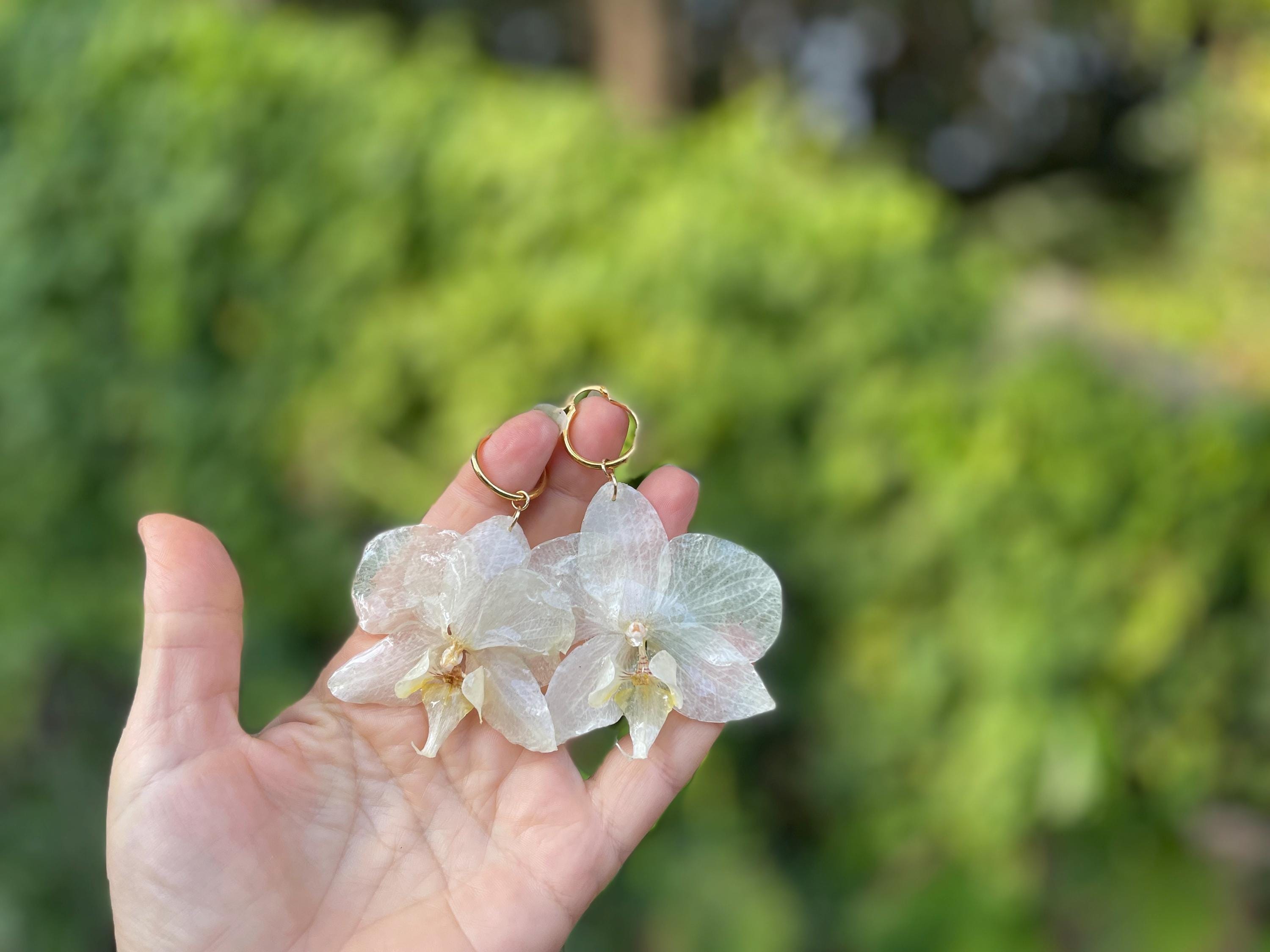 Real Orchid Earrings: Gold Hoop Earrings Resin, Unique White Wedding Bridal Jewelry