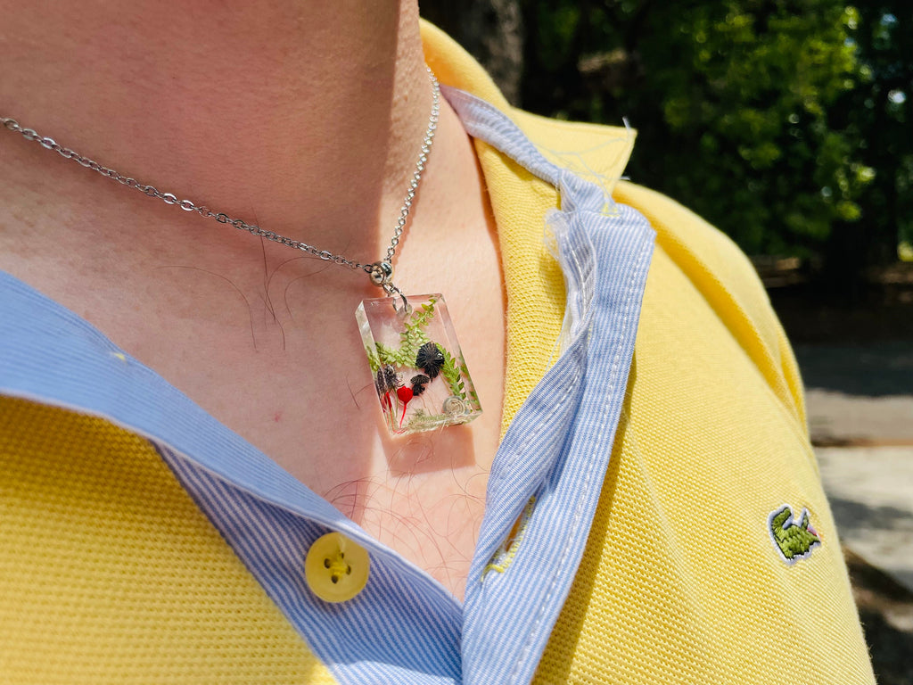 Mushroom Family Resin Necklace: Pressed Flower Pendant, Birthstone Option