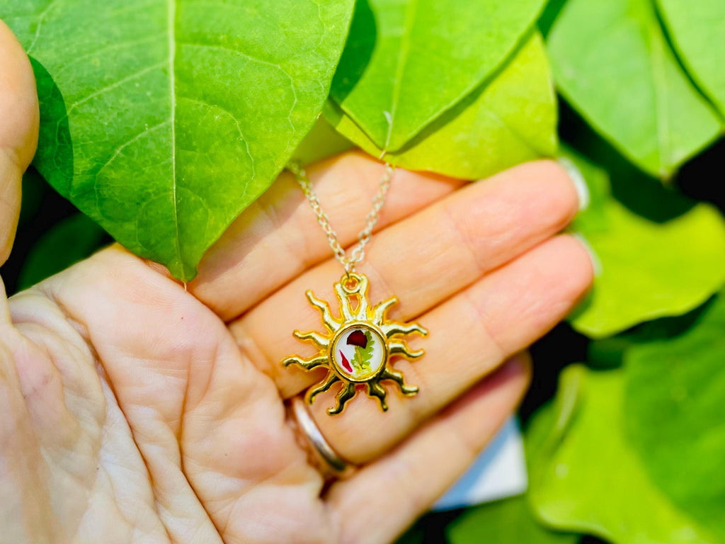 Gold Sun Necklace: Dainty Real Mushroom and Fern Pendant, Sunburst Celestial Jewelry Birthstone