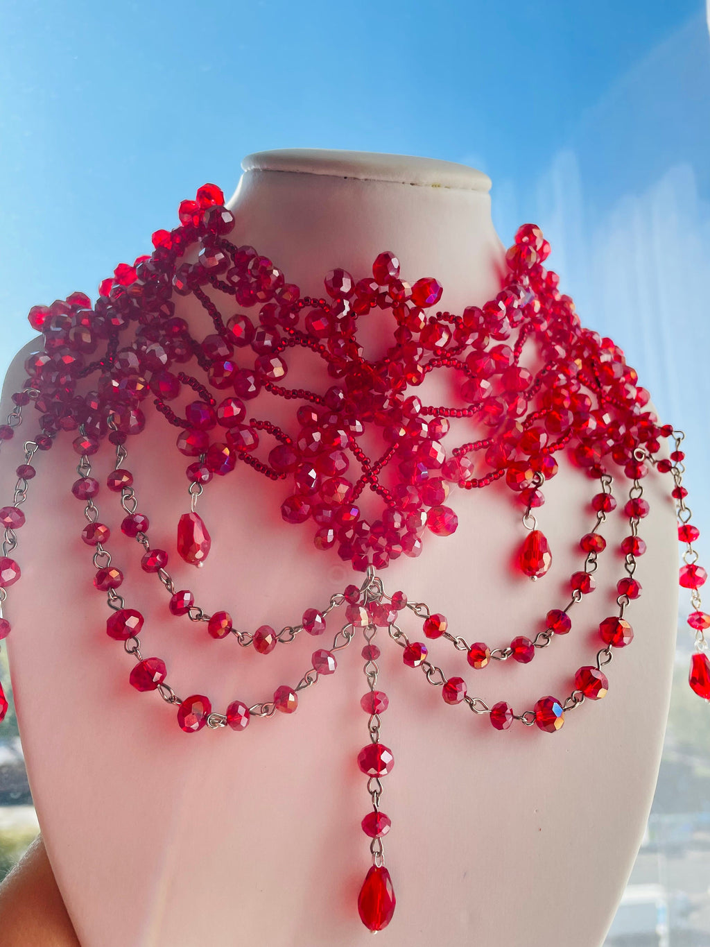 Red Crystal Necklace Wedding Prom Bib Lace Collar Garnet Statement Necklace Victorian Gothic Ruby necklace Edwardian necklace Custom Color