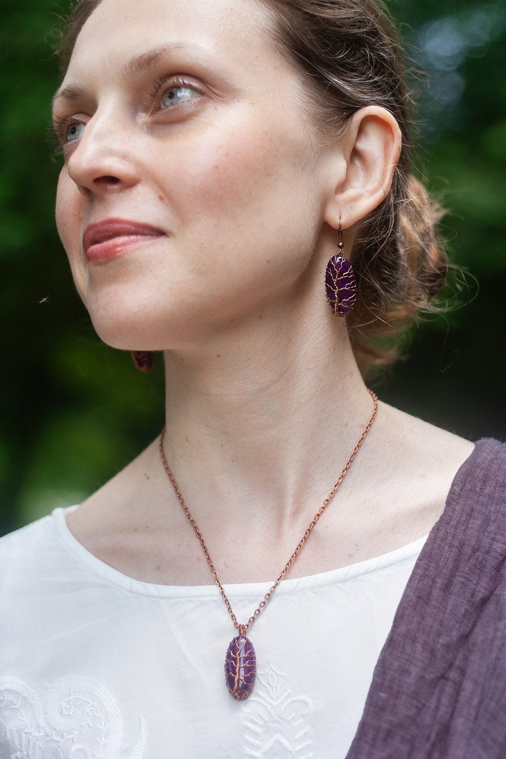 Handmade Purple Dragon Vein Agate Tree of Life Pendant Necklace: Unique Copper Wire Wrap Jewelry Unisex