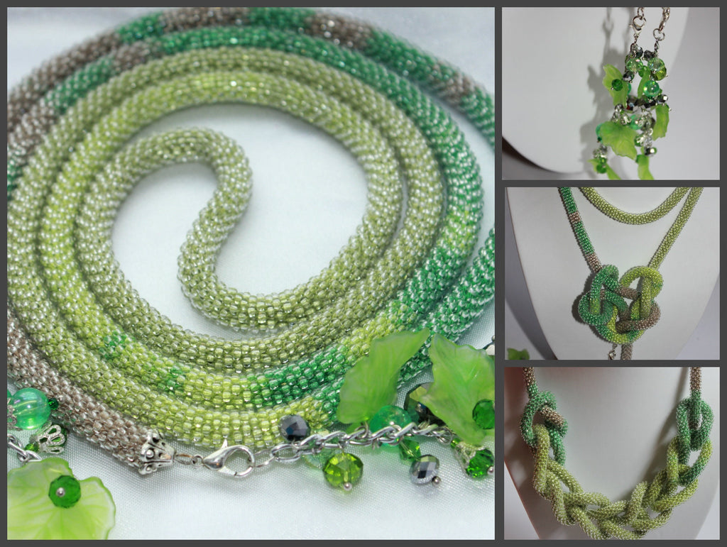 Layered Ombre Green and Silver Lariat Necklace for Women Extra Long: Tassel Seed Bead Crochet Jewelry