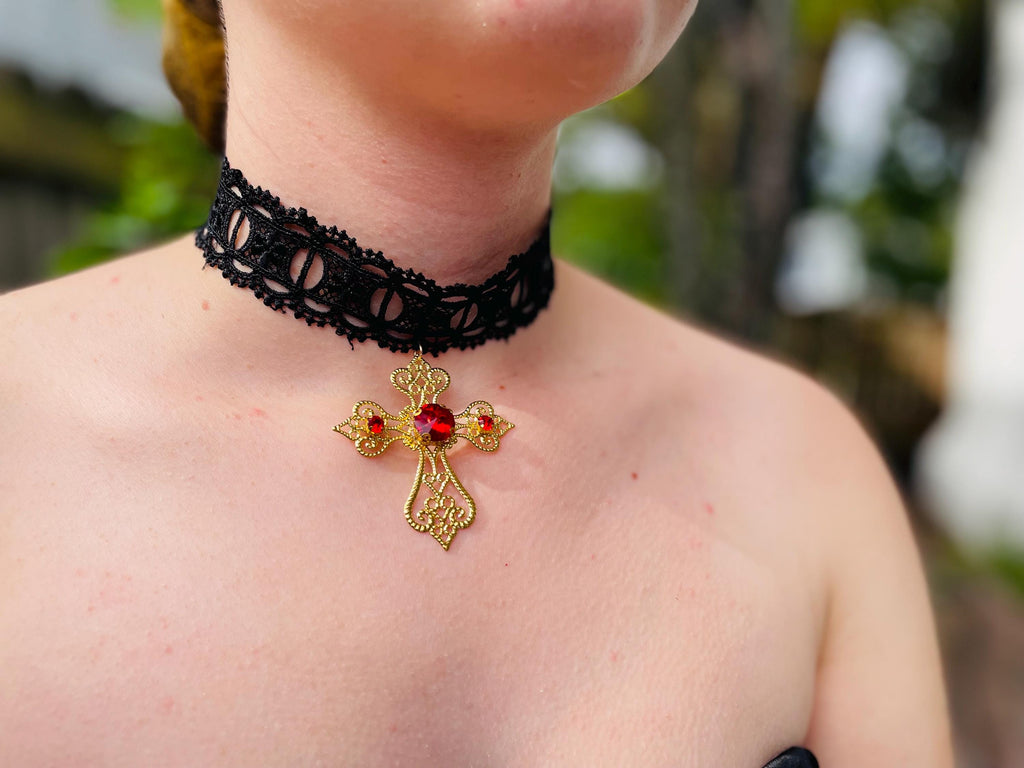 Gothic Red Crystal Collar Choker: Vintage Vampire Black Lace Necklace with Filigree Cross Pendant