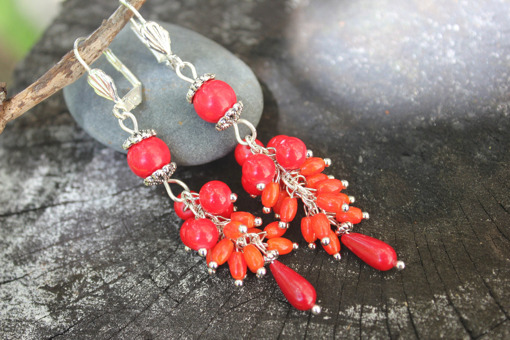 Valentines day Red coral statement earrings gift for women, mom birthday gift gemstone cluster earrings, unique gift for her dangle earrings