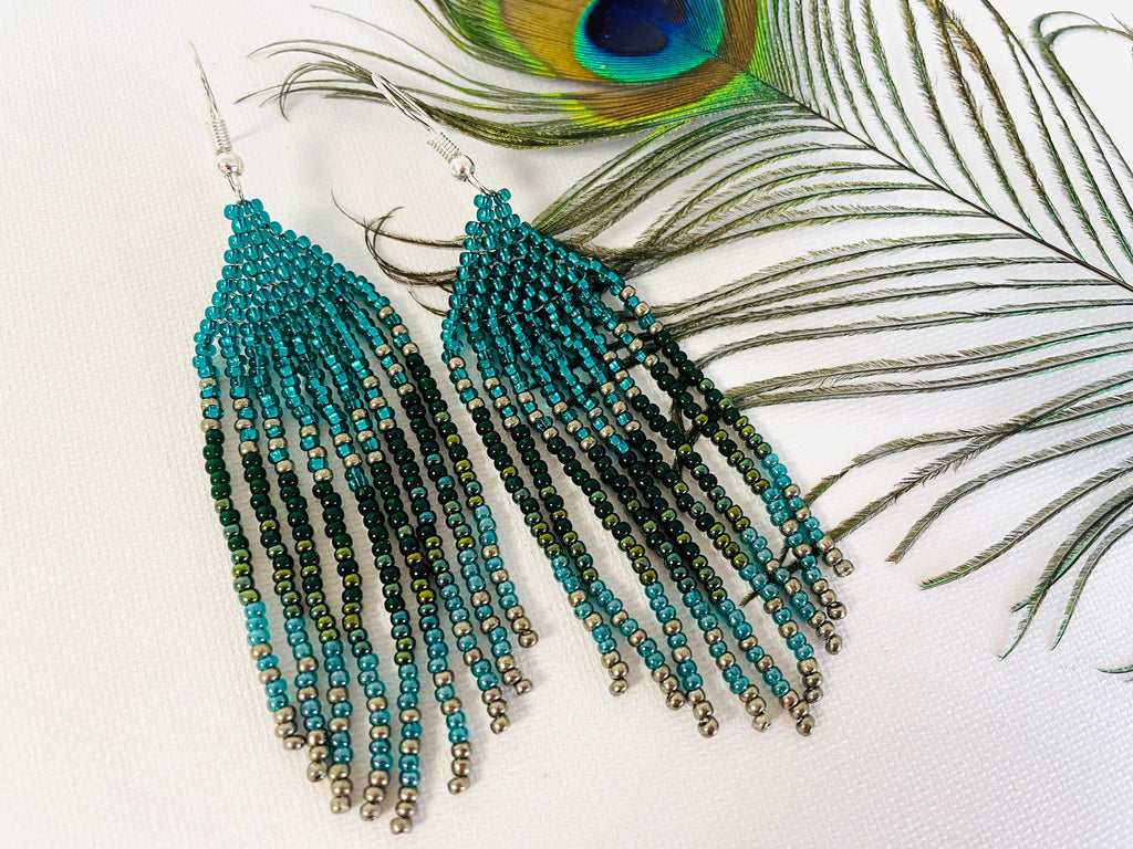 Patina Blue beaded Earrings Long Fringe Ombre Seed bead dangle earrings gift for her mom Chandelier Forest statement earrings