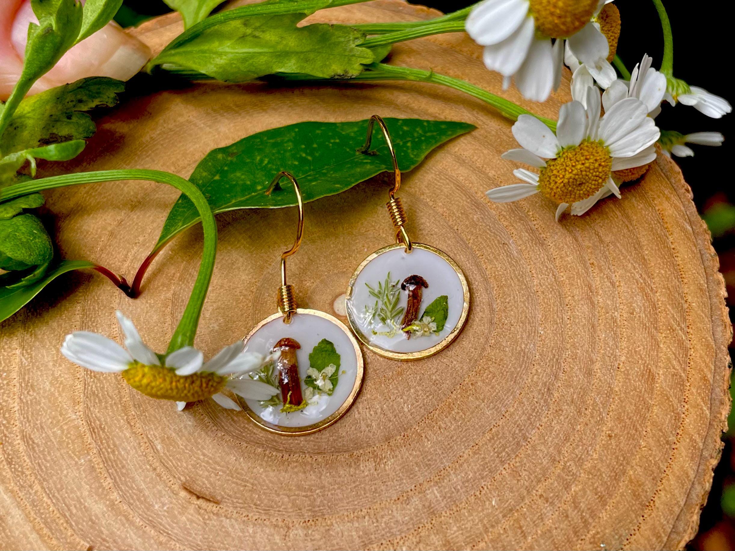 14K Gold Minimalist Meadow Flower & Mushroom Earrings | Unique Botanical Woodland Fairy Jewelry Resin