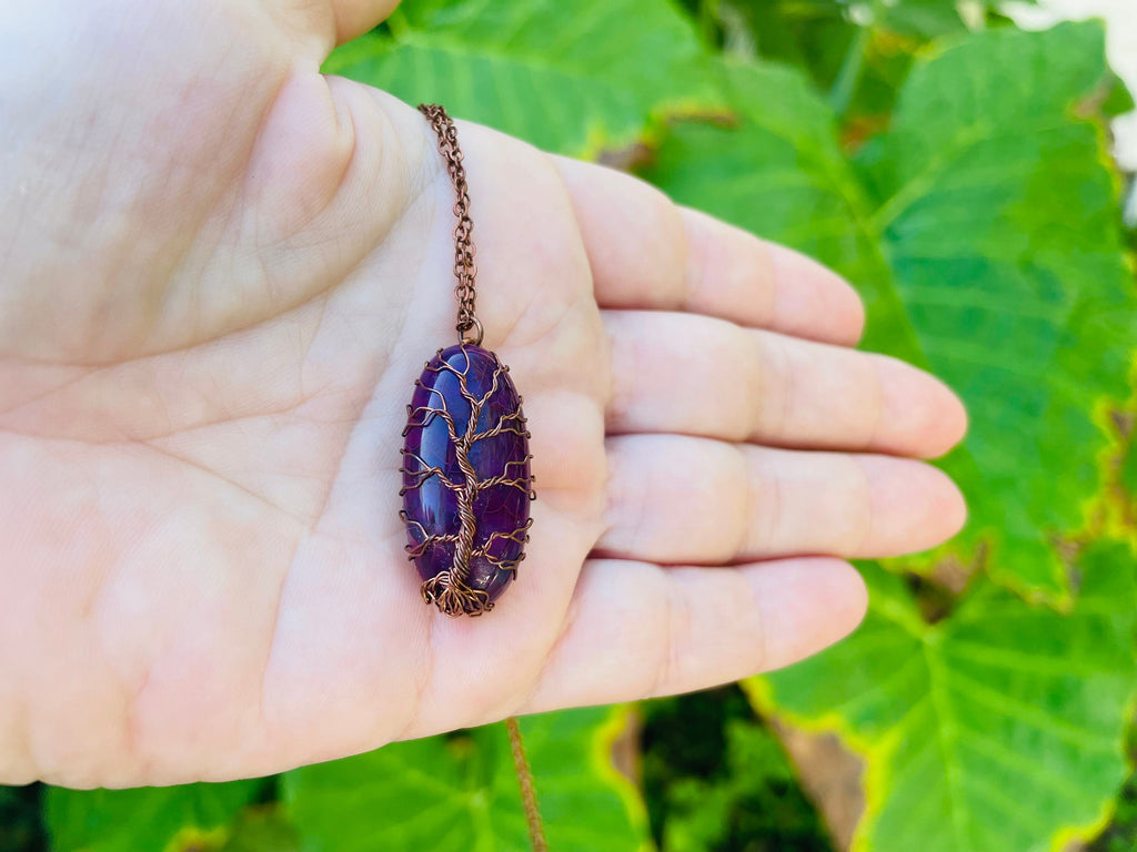 Handmade Purple Dragon Vein Agate Tree of Life Pendant Necklace: Unique Copper Wire Wrap Jewelry Unisex