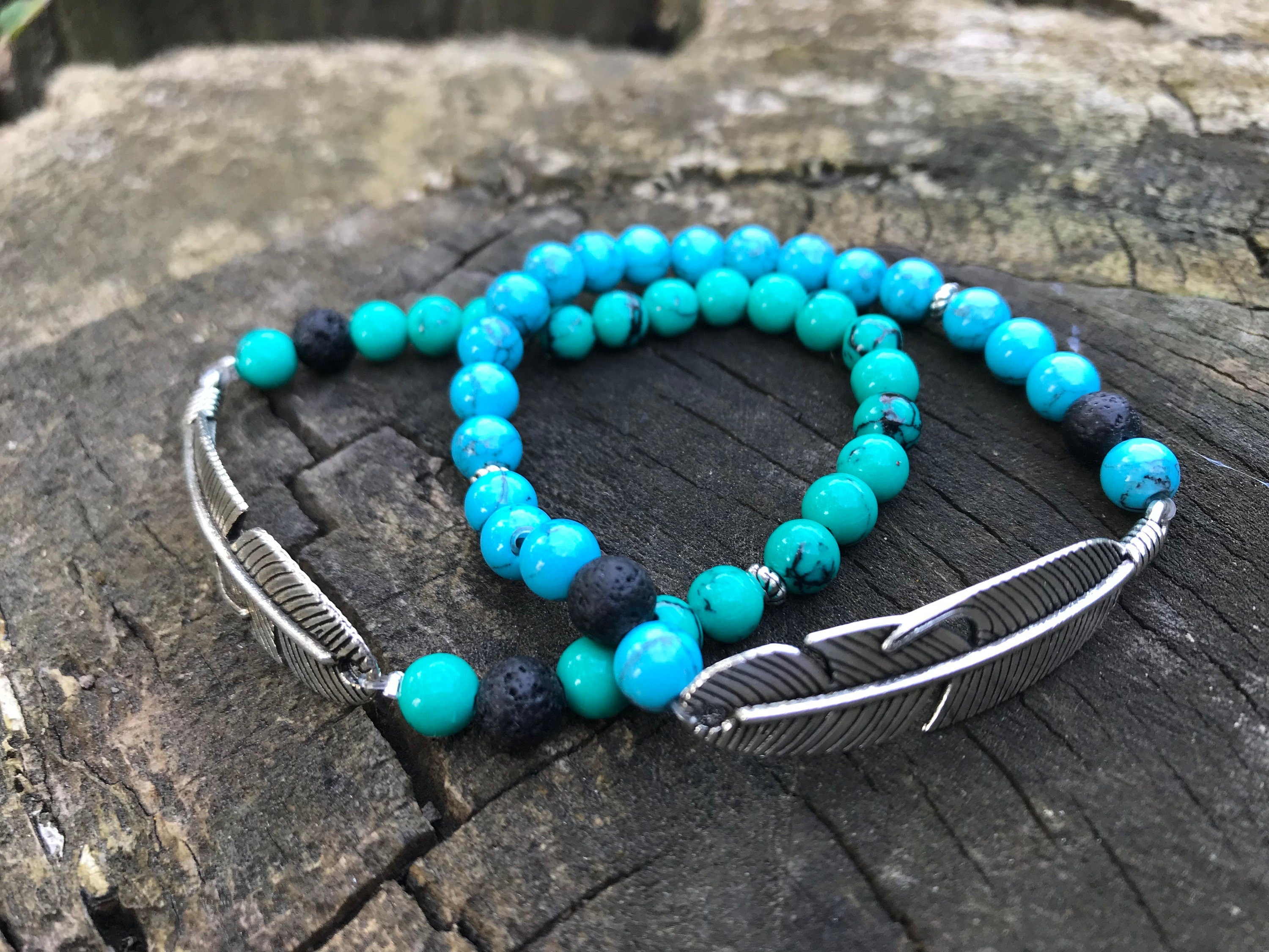 Feather Bracelet, Turquoise couple bracelet, Silver Feather Bracelet for Men or Women, friendship bracelet, Christmas gifts for him husband