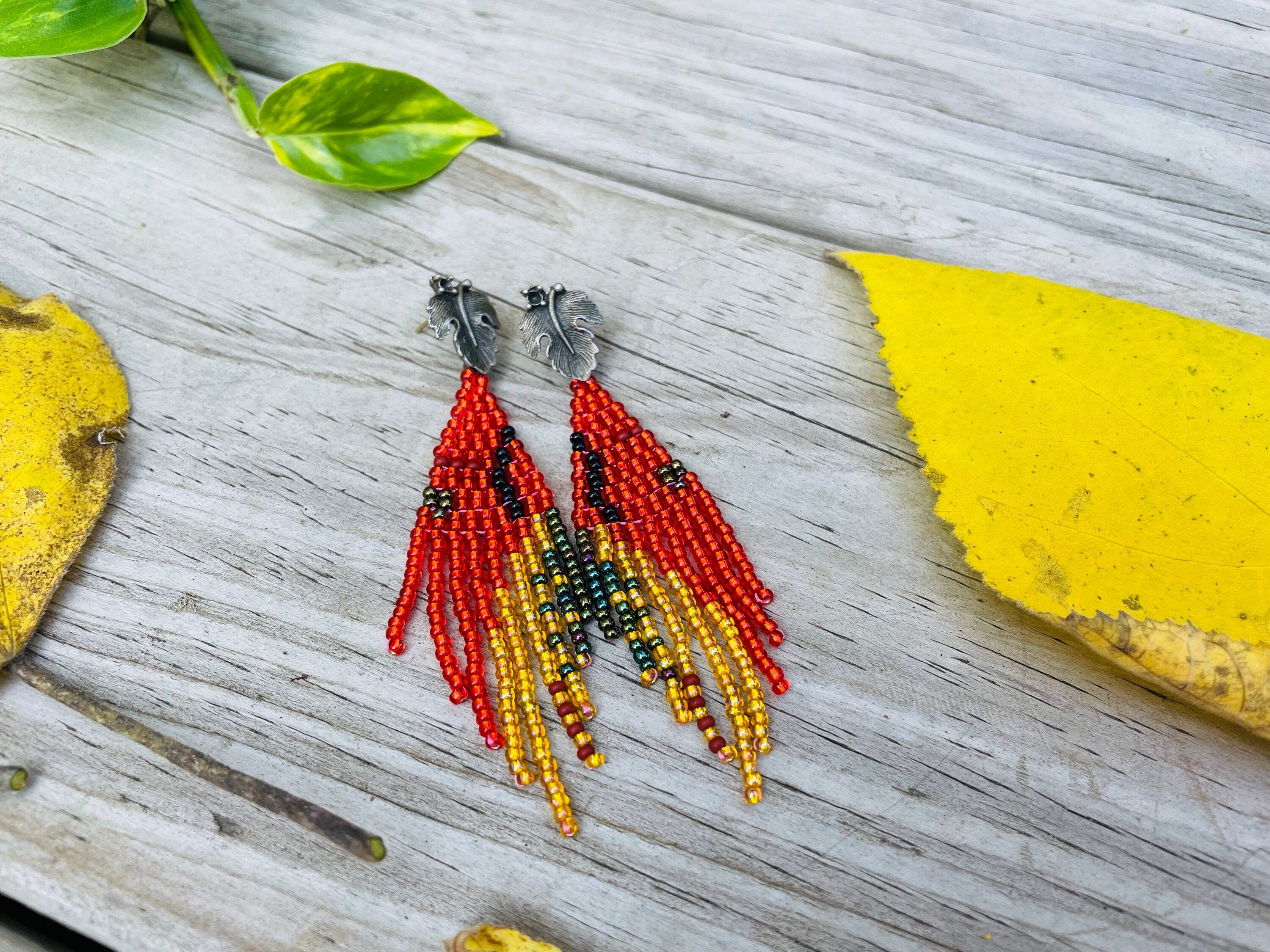 Unique handmade earrings, Burnt orange gold statement earrings, Leaf stud earrings big, Long seed beaded Fringe earrings, jewelry for her