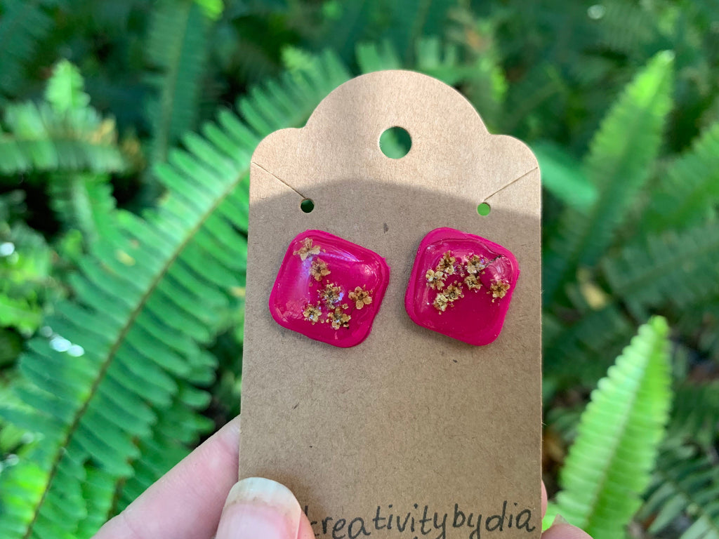 Minimalist earrings, Real flower earrings, fern earrings, hot pink polymer and resin clay earrings, pressed flower jewelry, flower girl gift