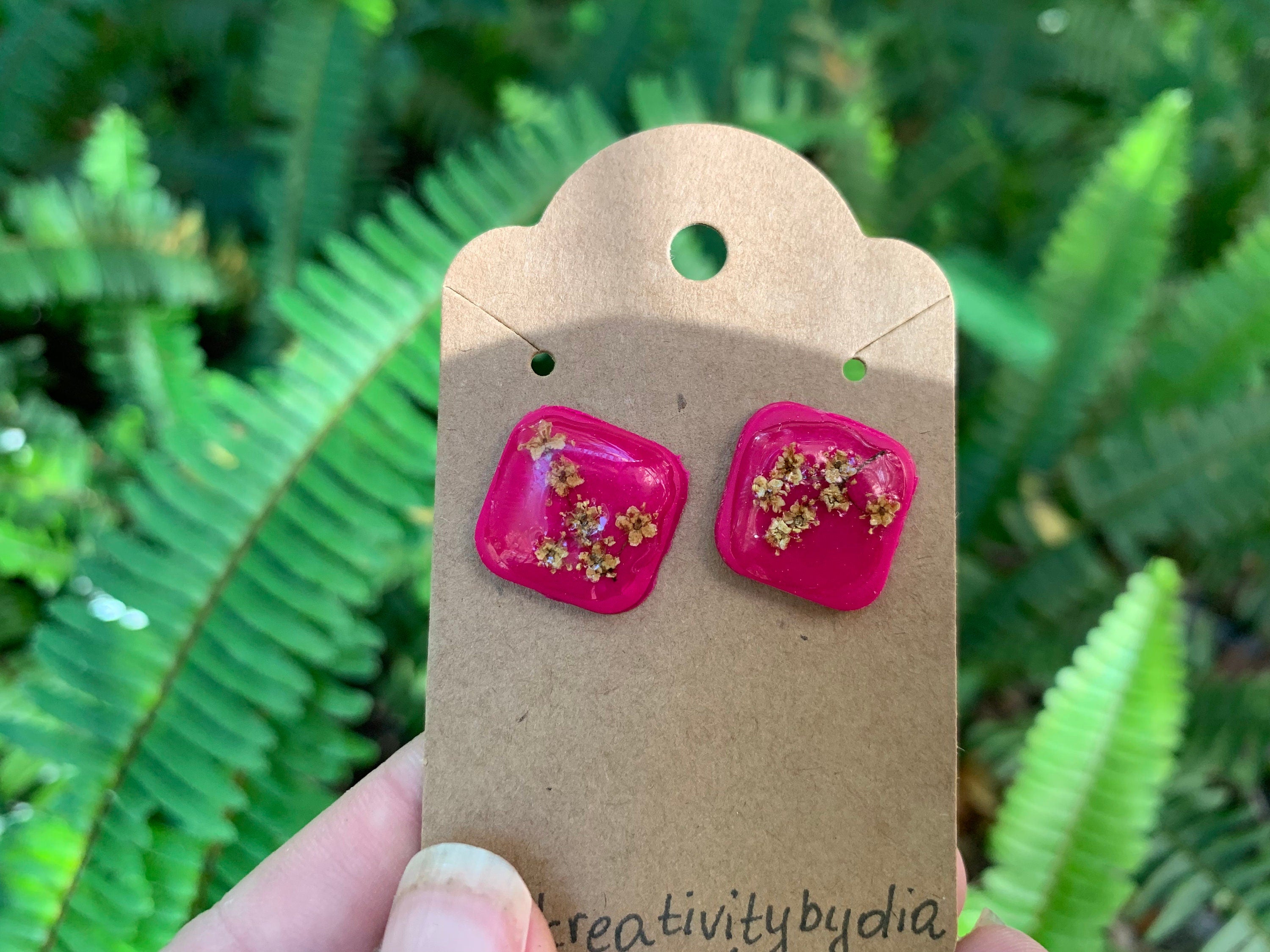 Minimalist earrings, Real flower earrings, fern earrings, hot pink polymer and resin clay earrings, pressed flower jewelry, flower girl gift