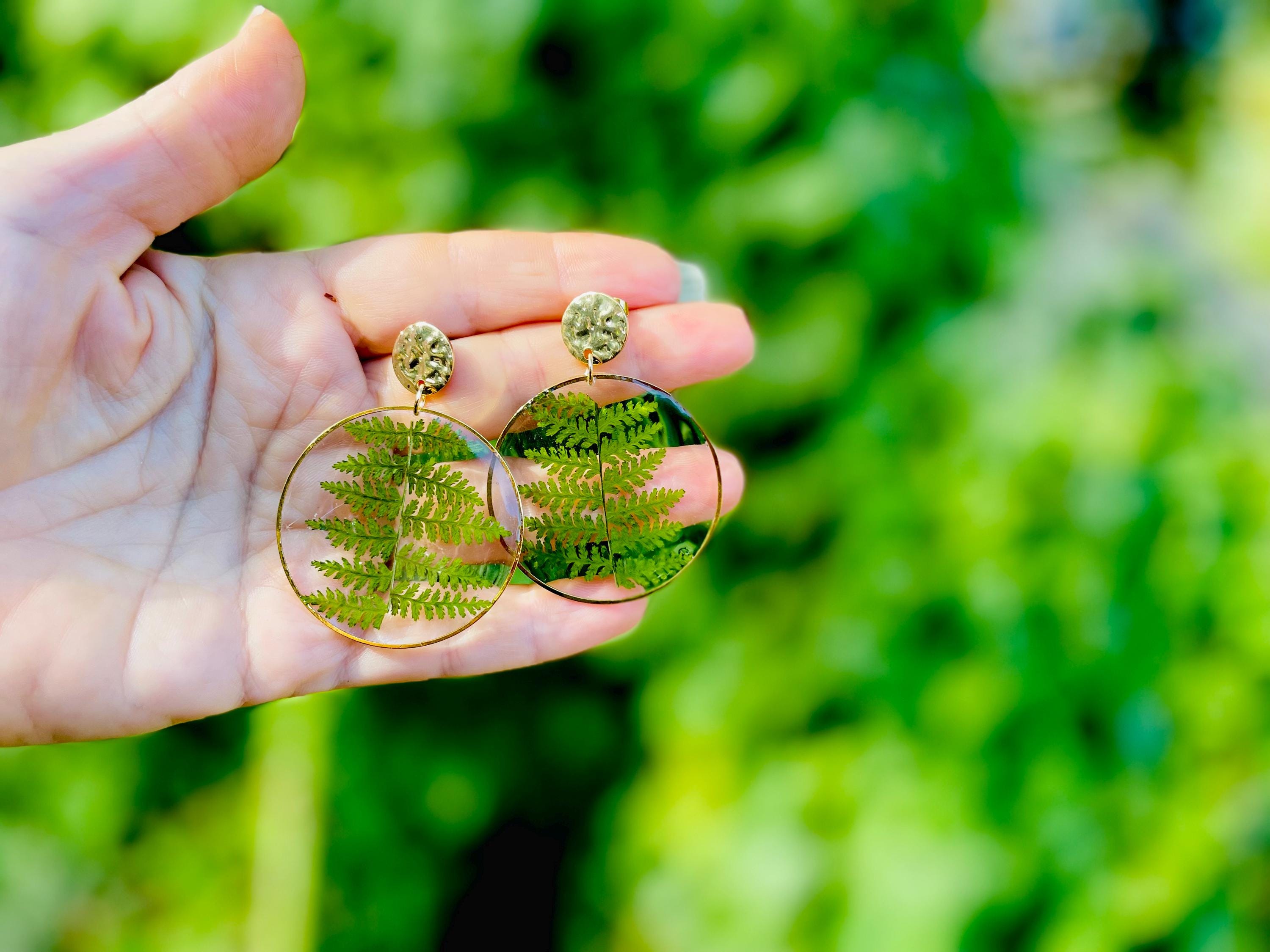 Gold or Silver Green Fern Hoop Christmas Earrings: Clip-On/Post Options | Tree-Inspired Design