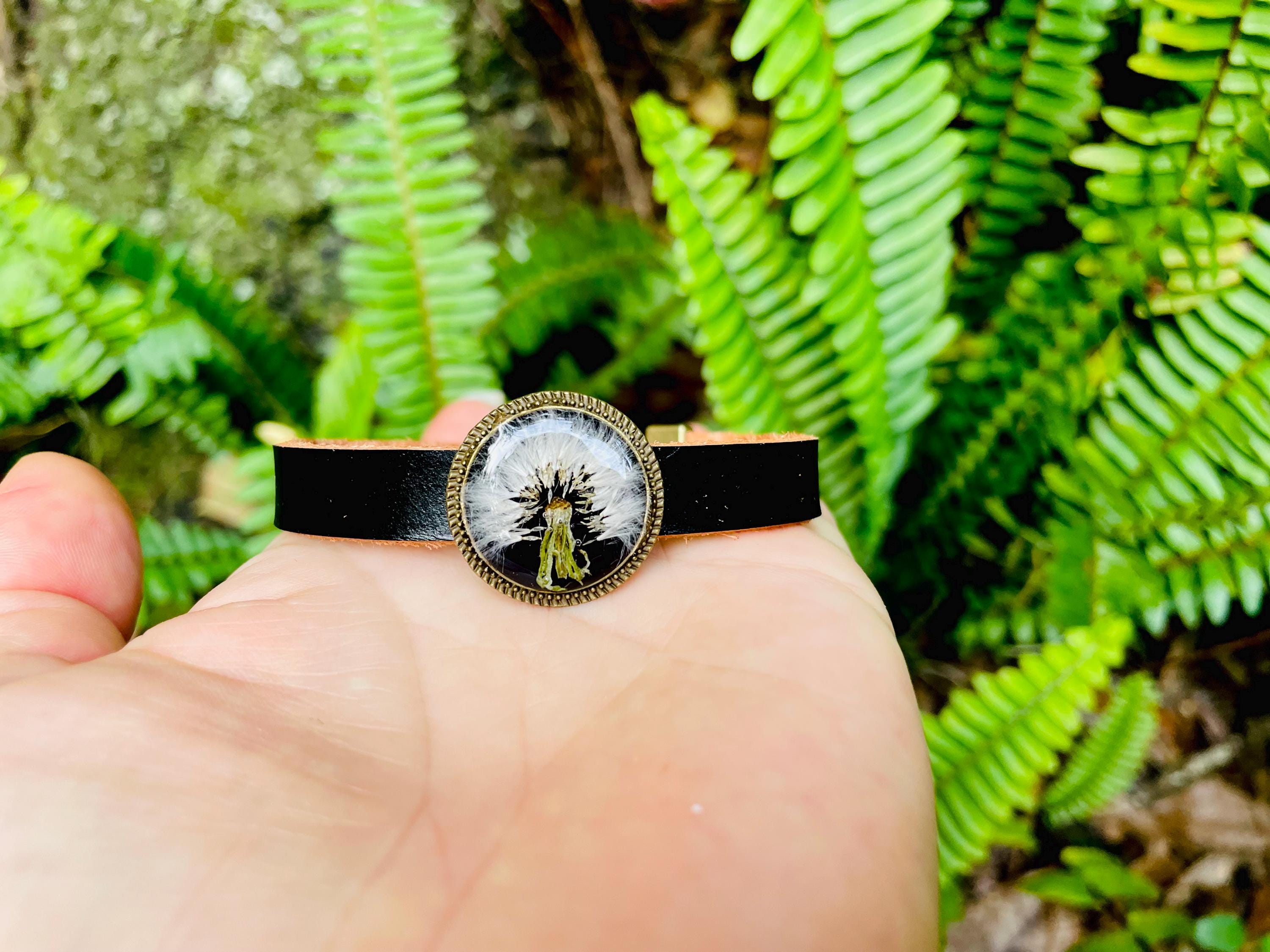 Black Leather Dandelion Bracelet Adjustable: Unisex Nature Inspired Pressed Flower Bronze Anniversary Jewelry