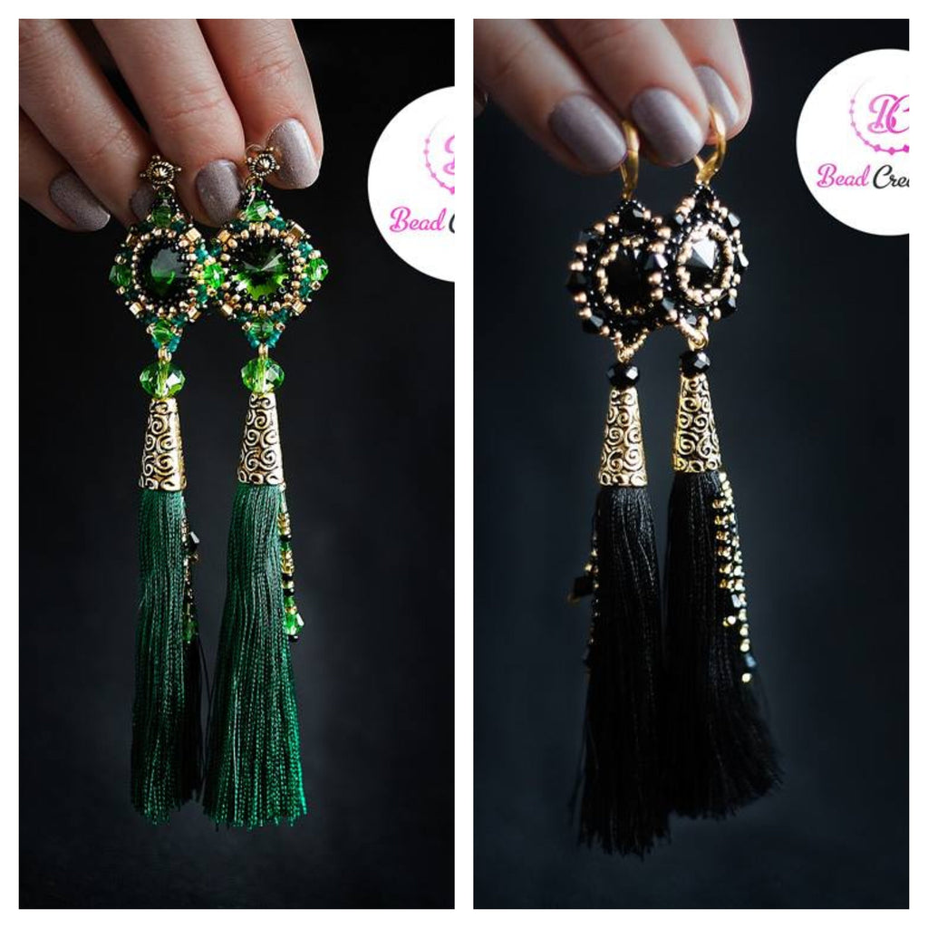 Handmade Emerald Green Swarovski Crystal Silk Tassel Earrings for Women 3-6 inch Long Custom Tassel Color
