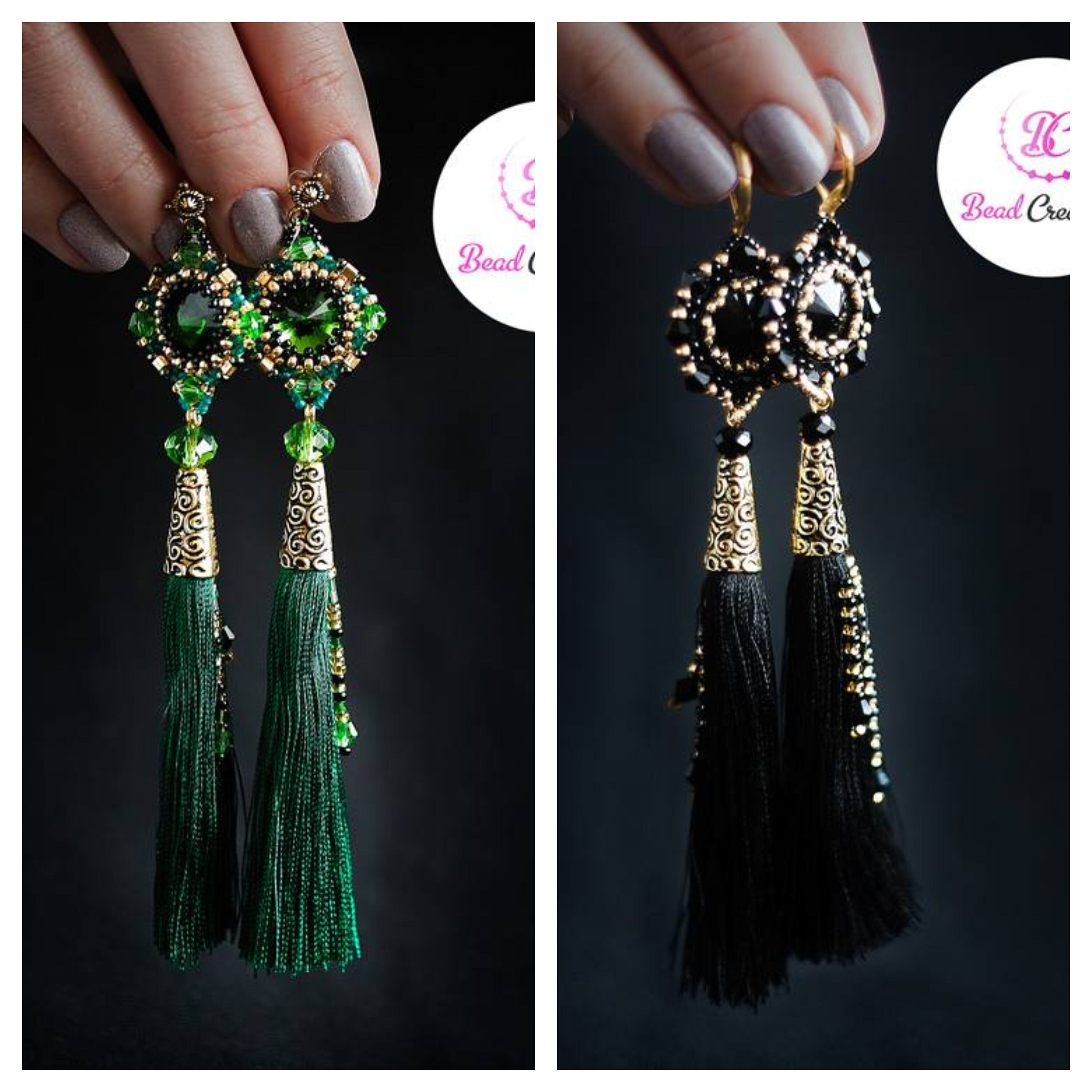 Handmade Emerald Green Swarovski Crystal Silk Tassel Earrings for Women 3-6 inch Long Custom Tassel Color