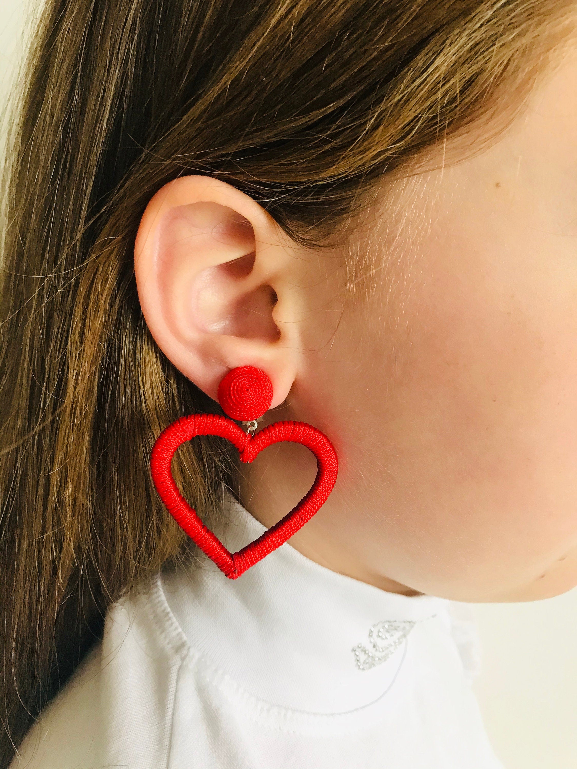 Large Heart Earrings Custom Heart hoop earrings Red heart clip on earrings Les Bonbon silk  wrapped dangles Cute Valentine earrings friend