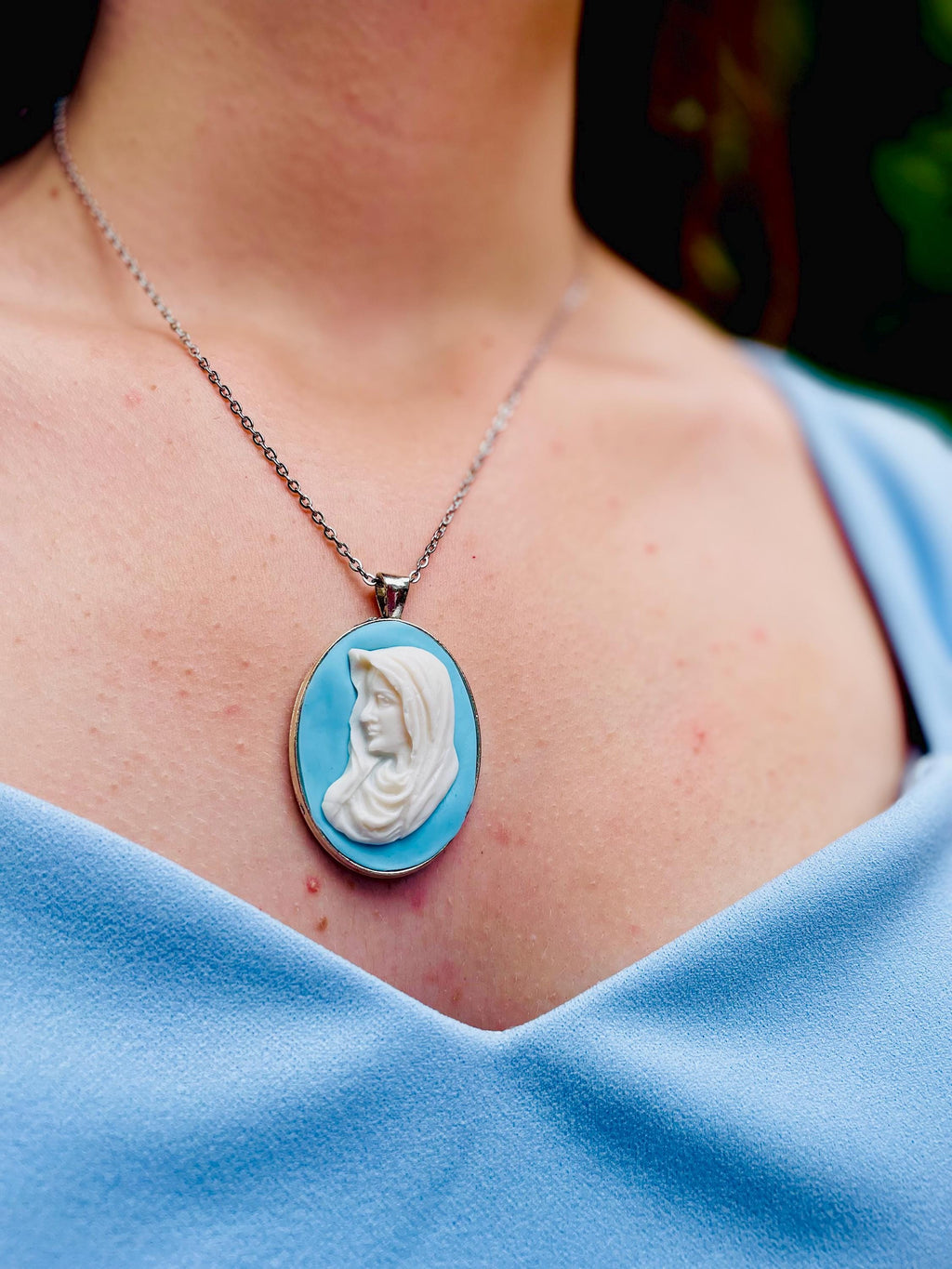 Handmade Virgin Mary Cameo Necklace: Catholic Gift with Birthstone