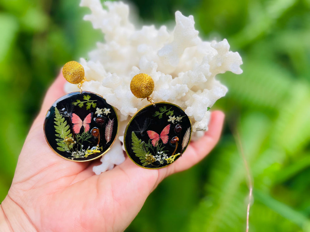 Dark Academia Mushroom Earrings: Real Moss, Fern & Butterfly