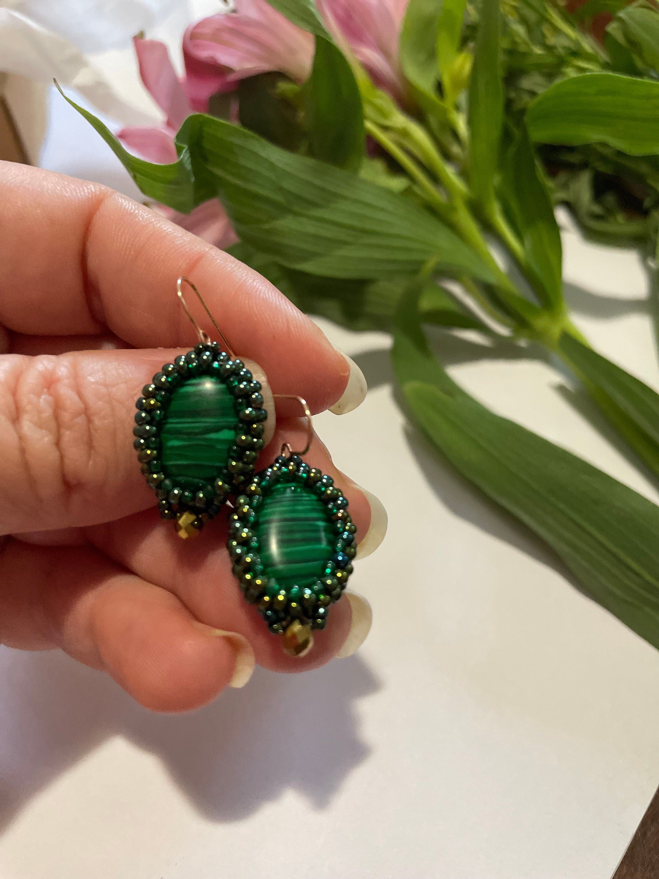 Dangle Malachite Earrings copper gold sterling silver hook, vintage emerald Green beaded earrings statement unique handmade gift for mom