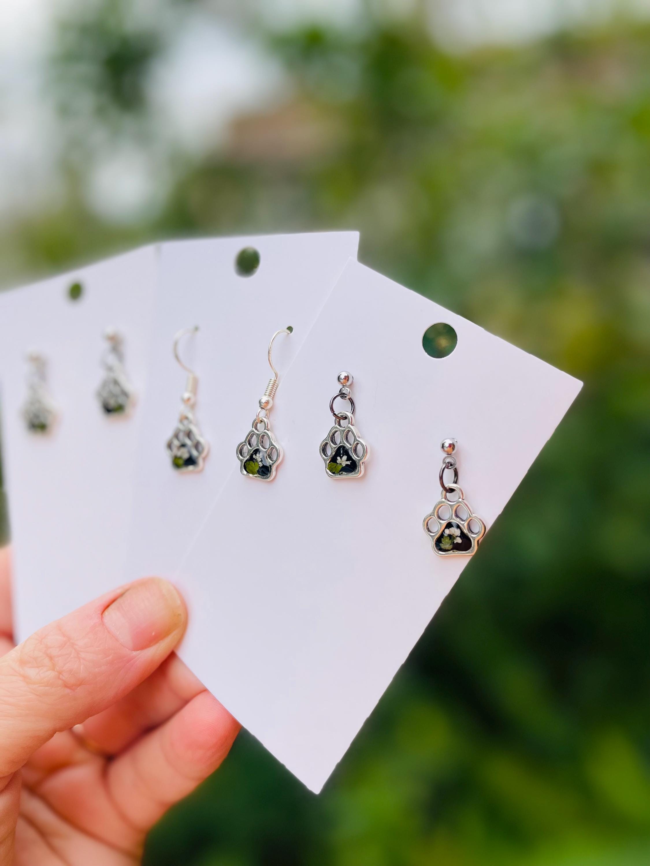 Tiny Paw Print Post Earrings: Birthstone Personalized Silver Pet Jewelry with Real Pressed Flowers