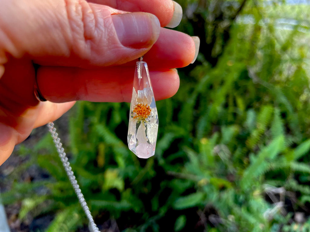 Real Daisy Birthstone Necklace: Pressed Flower Crystal Pendant