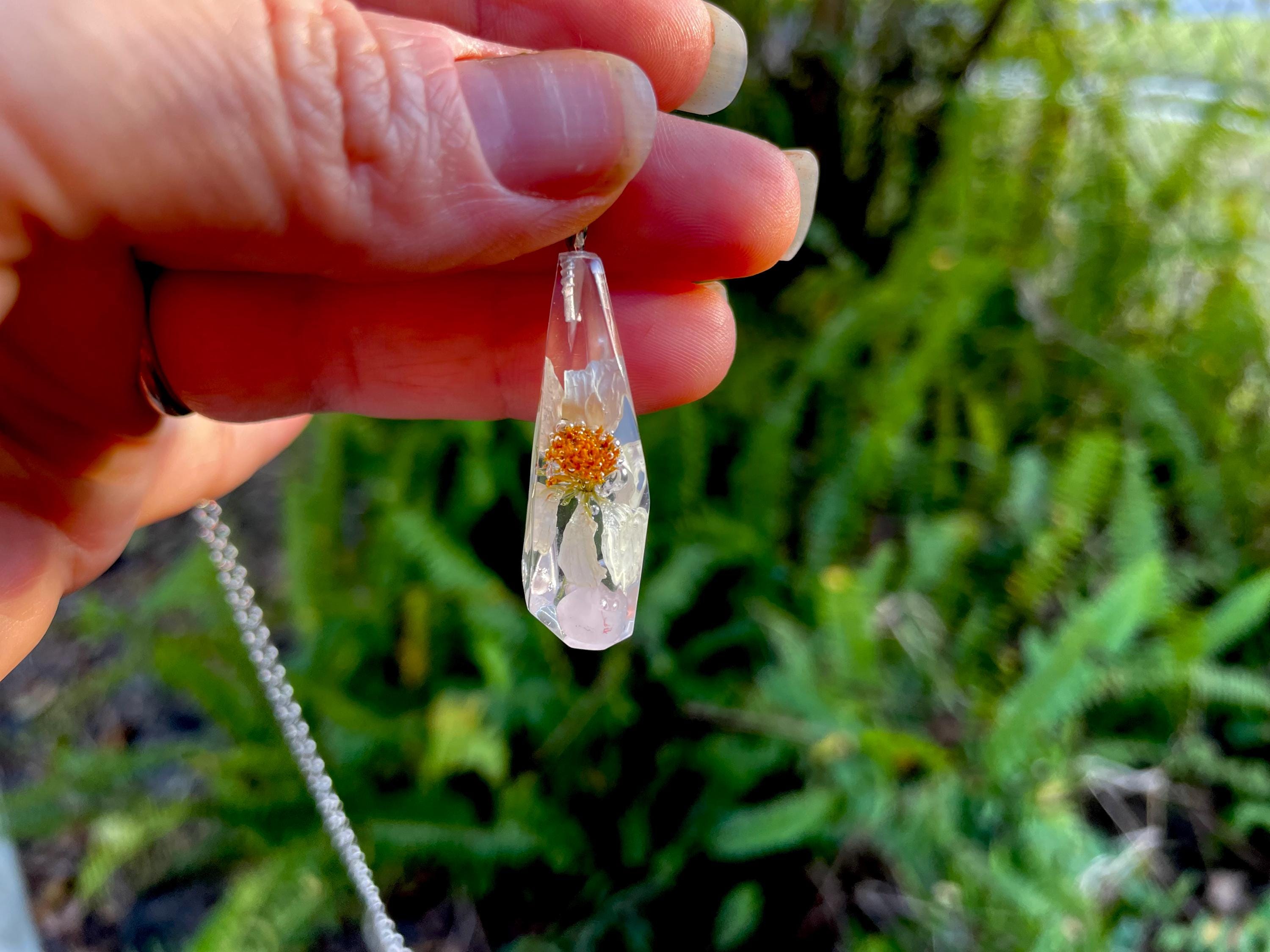 Real Daisy Birthstone Necklace: Pressed Flower Crystal Pendant