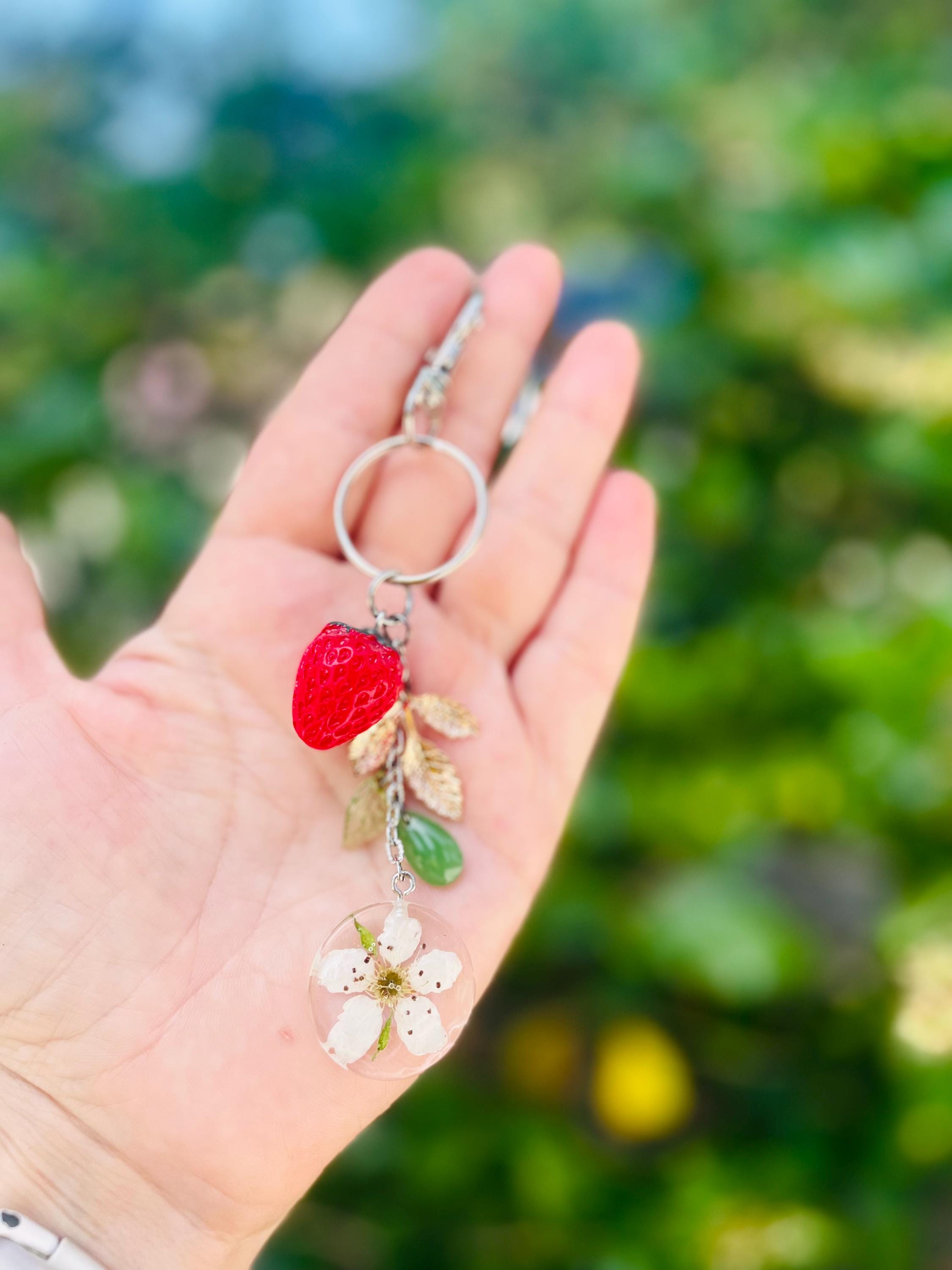 Strawberry Blossom Keychain: Aventurine Gemstone Beaded Bag Charm
