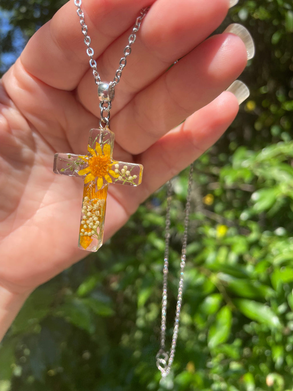 Handmade Custom Birth Flower Necklace: Real Rose Sunflower Resin Cross Pendant