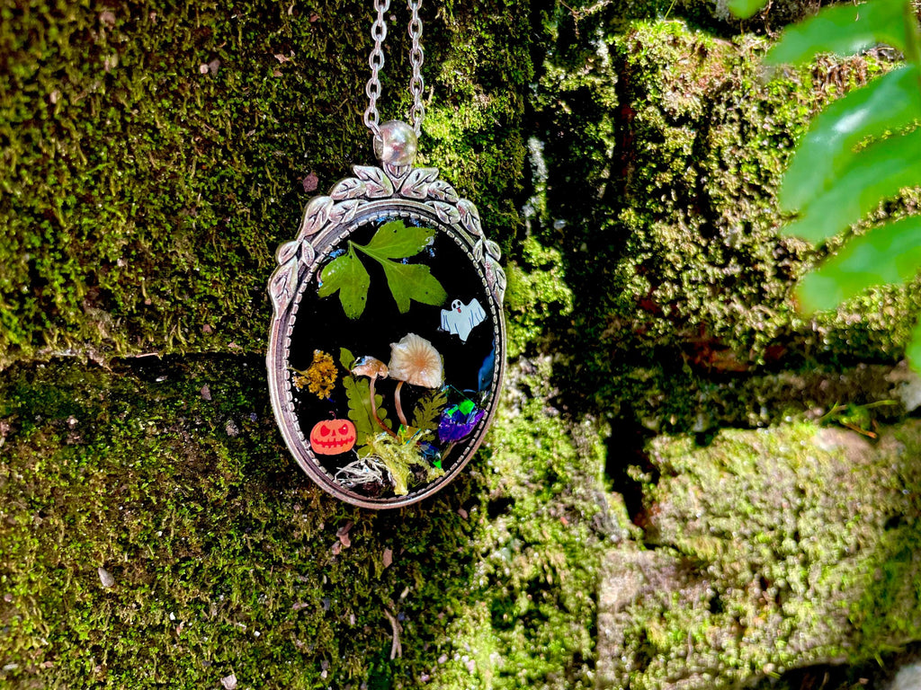 Woodland Witch Necklace: Real Mushroom, Moss, Ghost & Pumpkin Charm