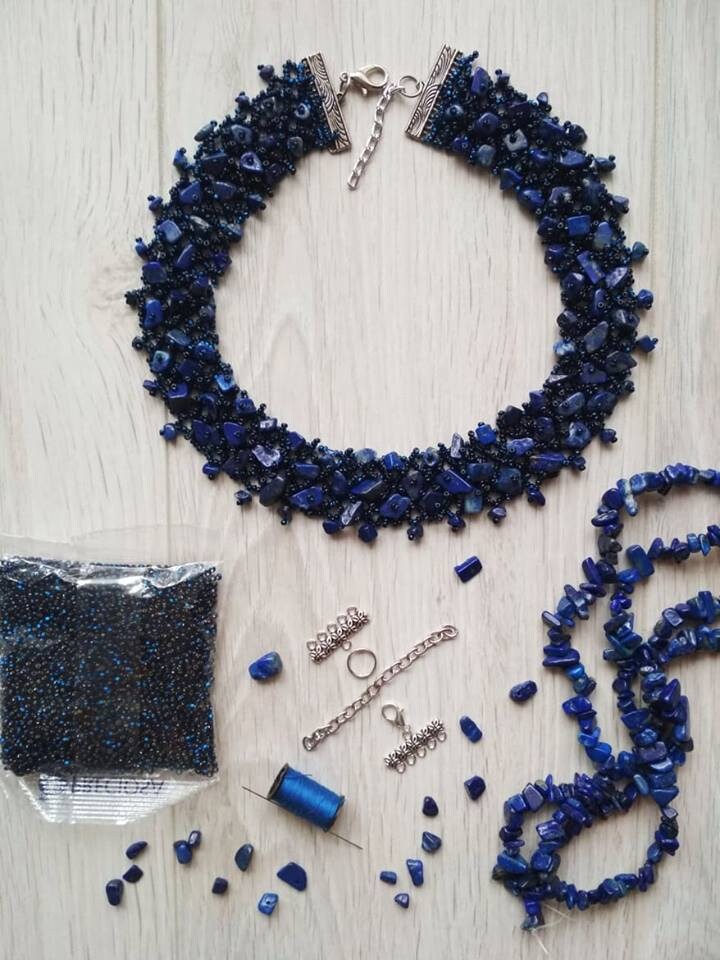 Lapis Lazuli Necklace Collar Choker: Personalized Pressed Flower Initial Charm, September Birthstone
